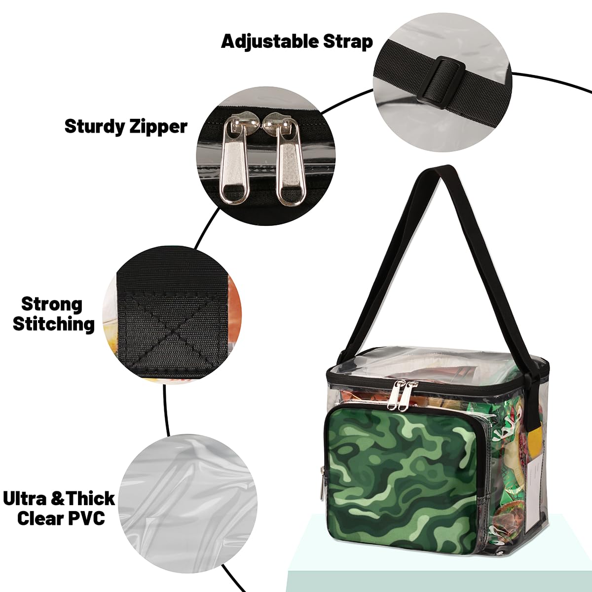 GzLeyigou Fashion Camouflage Green Clear Tote Bag with Handles - Abstract Camo Transparent Crossbody Shoulder Bag for Women - Perfect for Outdoor, Travel, Picnic, Concerts & Sports Events (Stadium Approved) - Lunch Bag, Beach Bag, Shopping Bag & Festival Essential Accessory