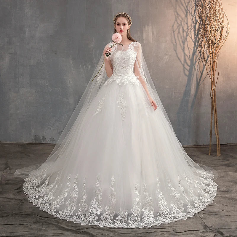 Elegant Long Sleeve Lace Wedding Dress with Long Train & Embroidery - Plus Size Princess Bridal Gown for Church, Beach, or Ballroom Ceremonies