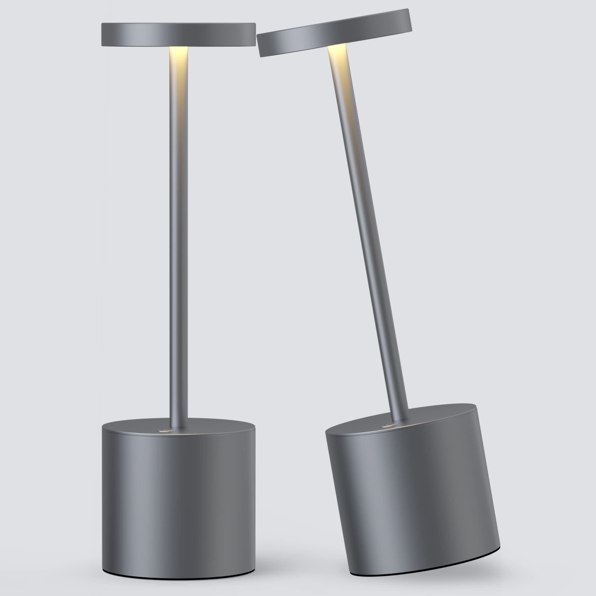 2 Pack Rechargeable LED Table Lamp - 5000mAh Battery Powered, USB Portable Desk Light with 3 Brightness Levels, Metal Base for Home Office, Restaurant & Outdoor Use (10.25 Inch, Grey)