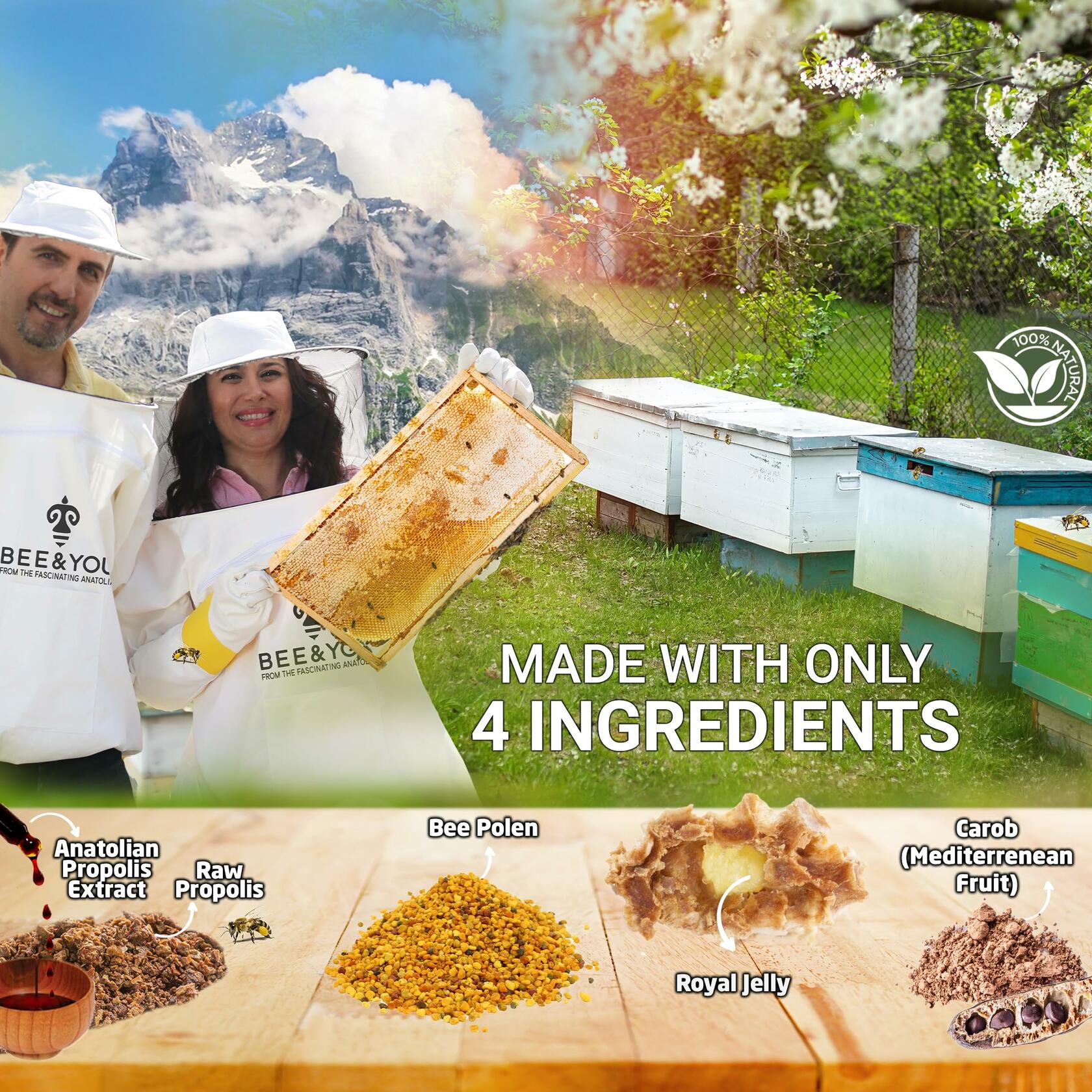 Bee and You Royal Jelly Tablets with Propolis Extract & Bee Pollen - 100% Natural Supplement (60 Count) for Immune Support & Energy Boost