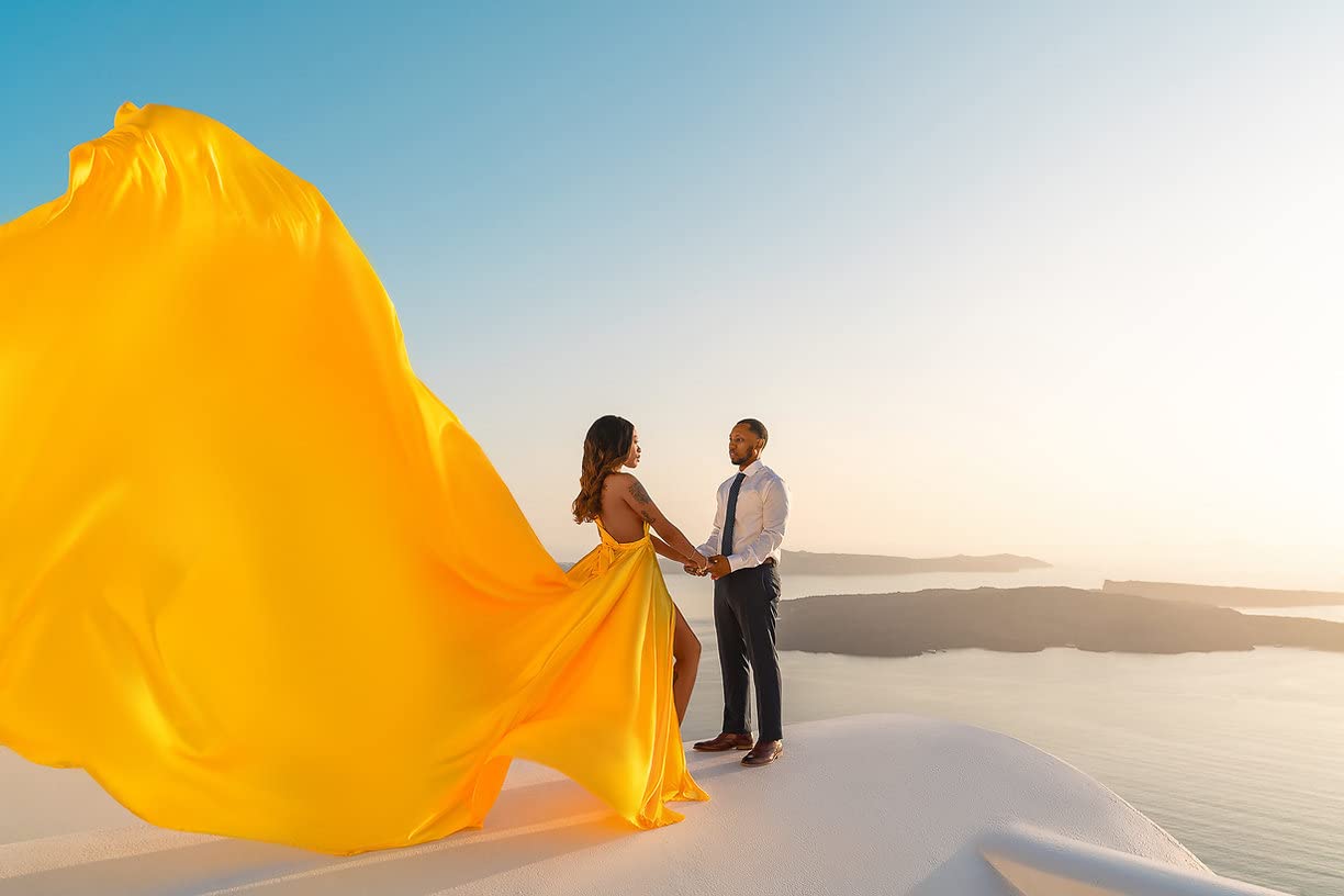 Elegant Satin Photoshoot Dress with Long Train - Flowy Flying Maxi Dress for Women | Perfect for Santorini Vacations, Beach Weddings & Boho Style Photography