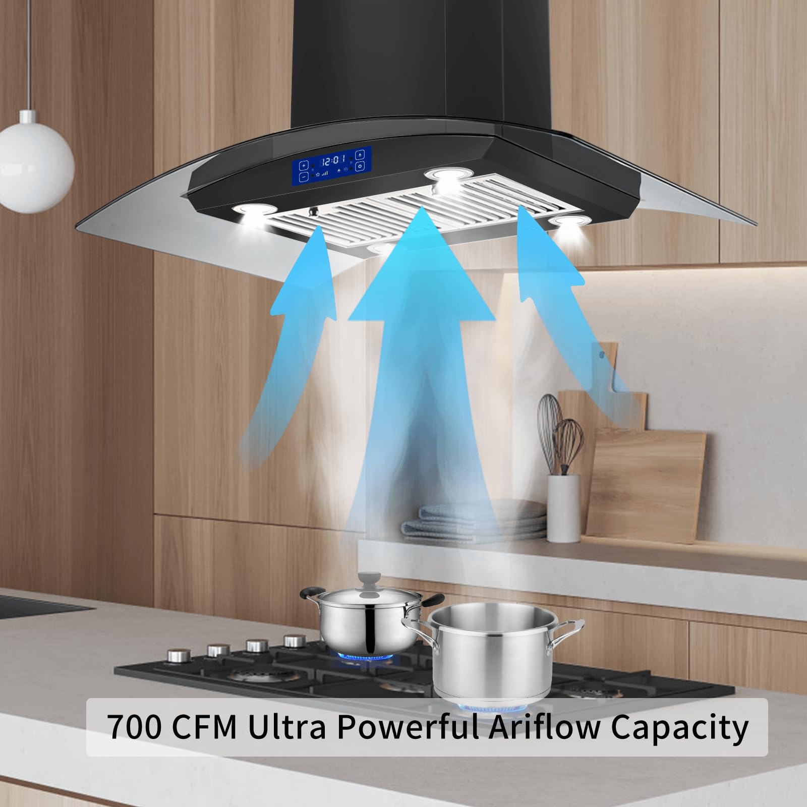 36 Inch 700CFM Black Stainless Steel Island Range Hood - Gesture & Touch Control, Ducted/Ductless Convertible, 4 LED Lights - Perfect for Modern Kitchens & Open-Concept Homes