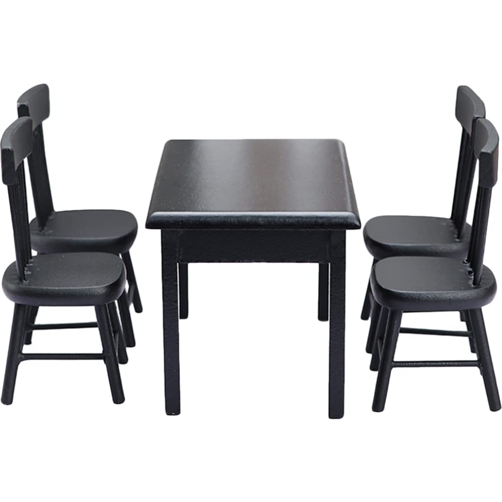 5-Piece Miniature Black Wooden Dining Table and Chairs Set - Dollhouse Furniture Accessories for 4 People | Perfect for Dollhouse Decor, Miniature Displays, and Collectible Scenes