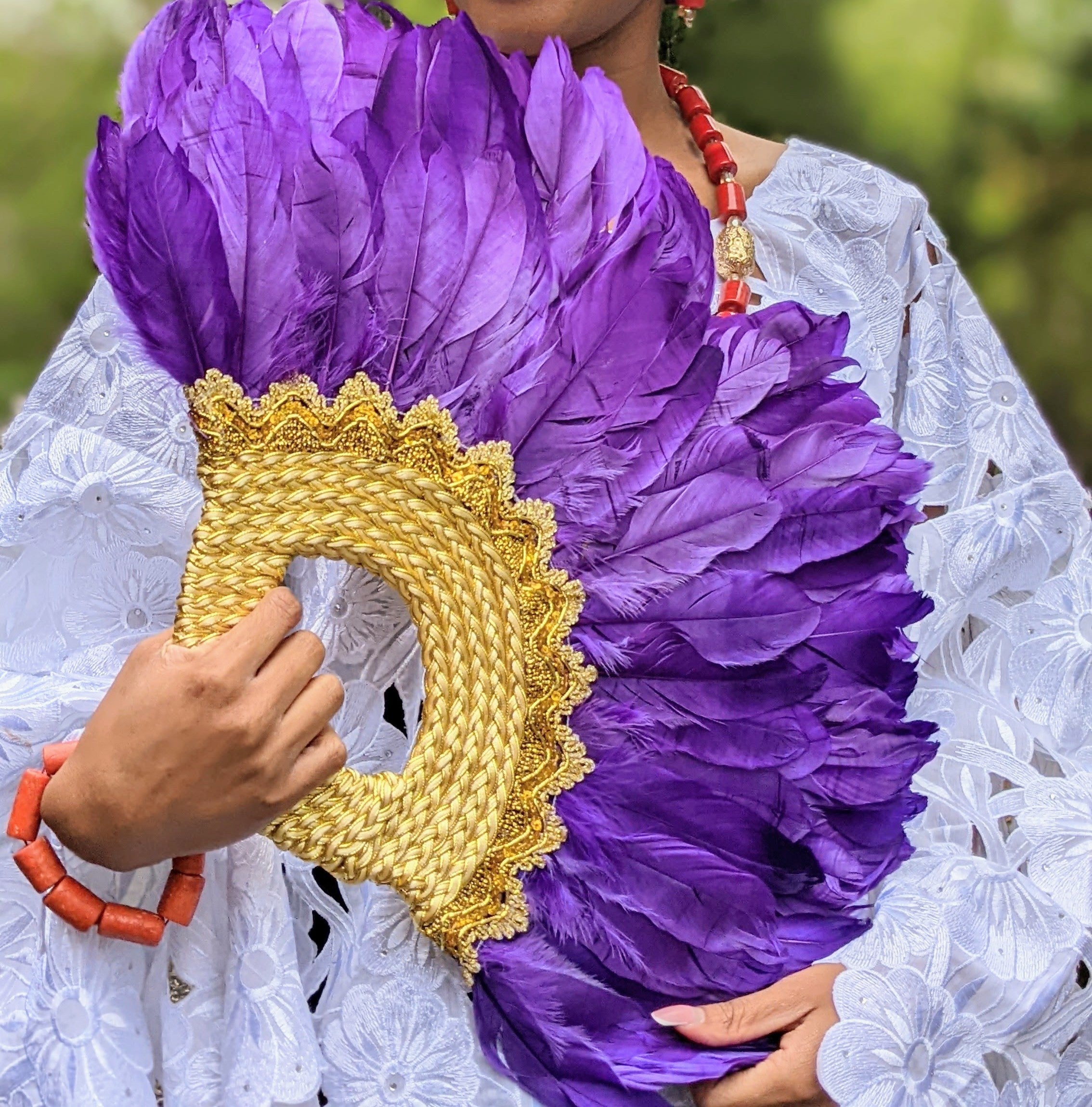 Esowa Purple and Gold African Feather Hand Fan DPFPG321 - Elegant Traditional Accessory for Weddings, Cultural Events & Home Decor
