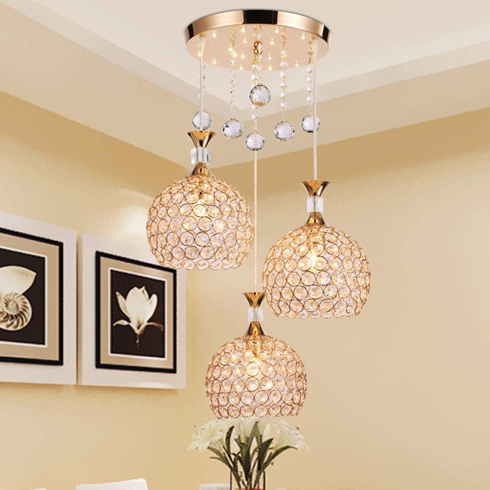 Modern LED Crystal Pendant Light - Adjustable Golden Chandelier with 3 E27 Bulb Sockets (17cm Shade, 1M Chain) - Elegant Lighting for Living Room, Bedroom & Dining Room Decor