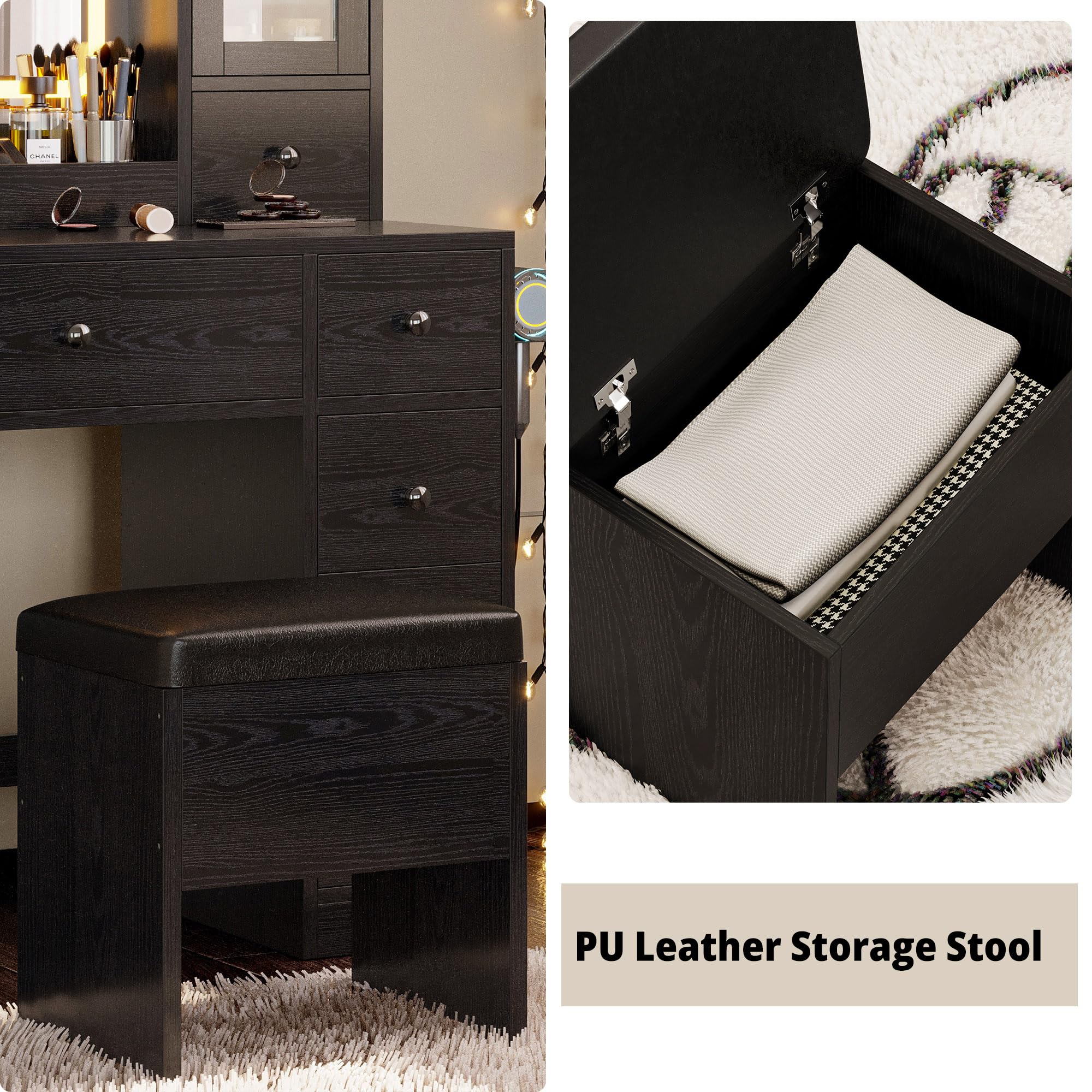 Black IRONCK LED Vanity Desk with Mirror & Charging Station - Perfect for Makeup & Jewelry Storage