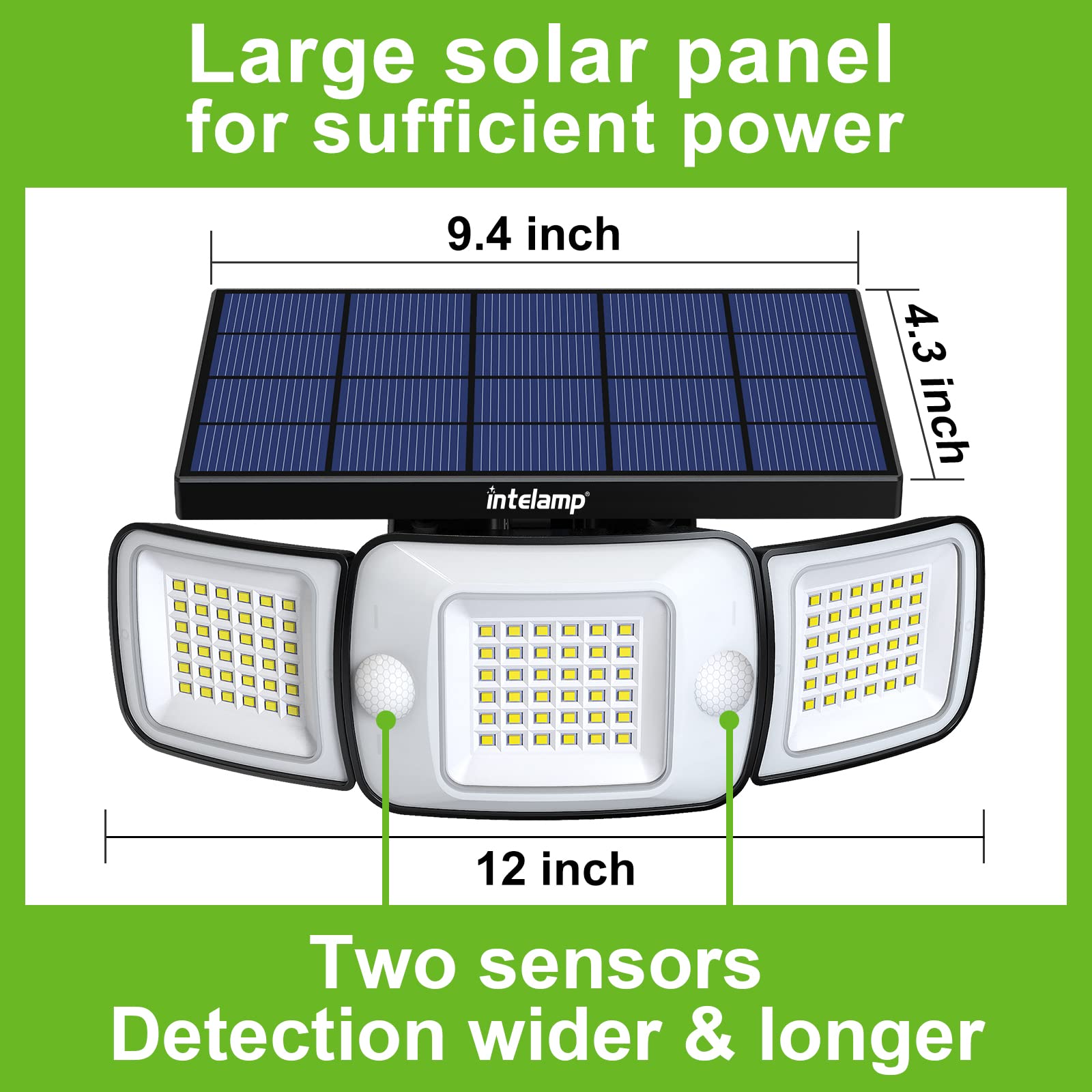 Intelamp Solar Flood Lights - 2 Pack 6000mAh 1200LM Dual Motion Sensor Outdoor Security Lights, Waterproof Wall Lights with 3 Adjustable Modes for Patio, Garage, Porch, Yard & Driveway Lighting