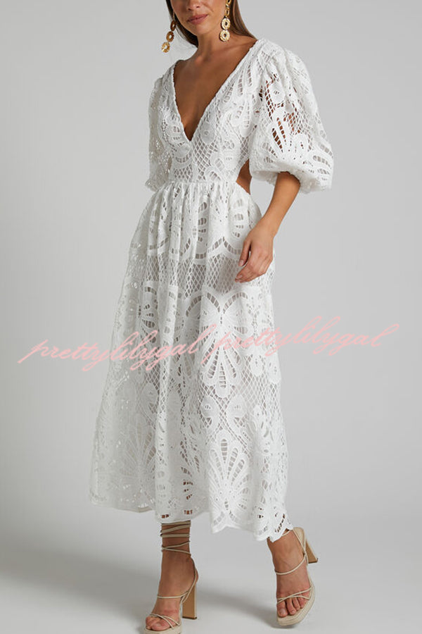 Elegant Solid Color V-Neck Lace Maxi Dress for Women - Sexy Hollow Out Waistless Long Dress for Summer, Beach, Party & Evening Wear