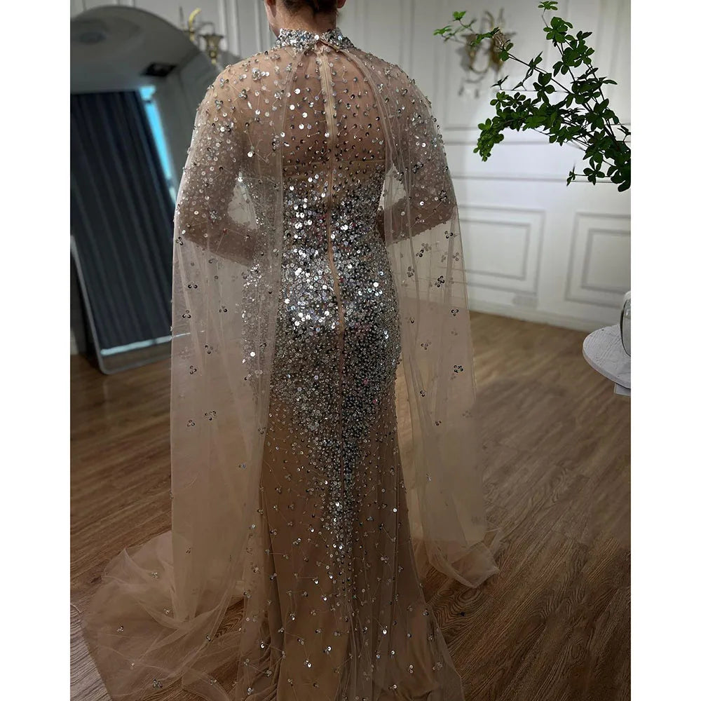 Serene Hill Luxury Muslim Gold Mermaid Evening Dress with Elegant Cape Sleeves & Beaded Details - Dubai Style Formal Gown for Women 2025 | Perfect for Weddings, Galas & Special Occasions