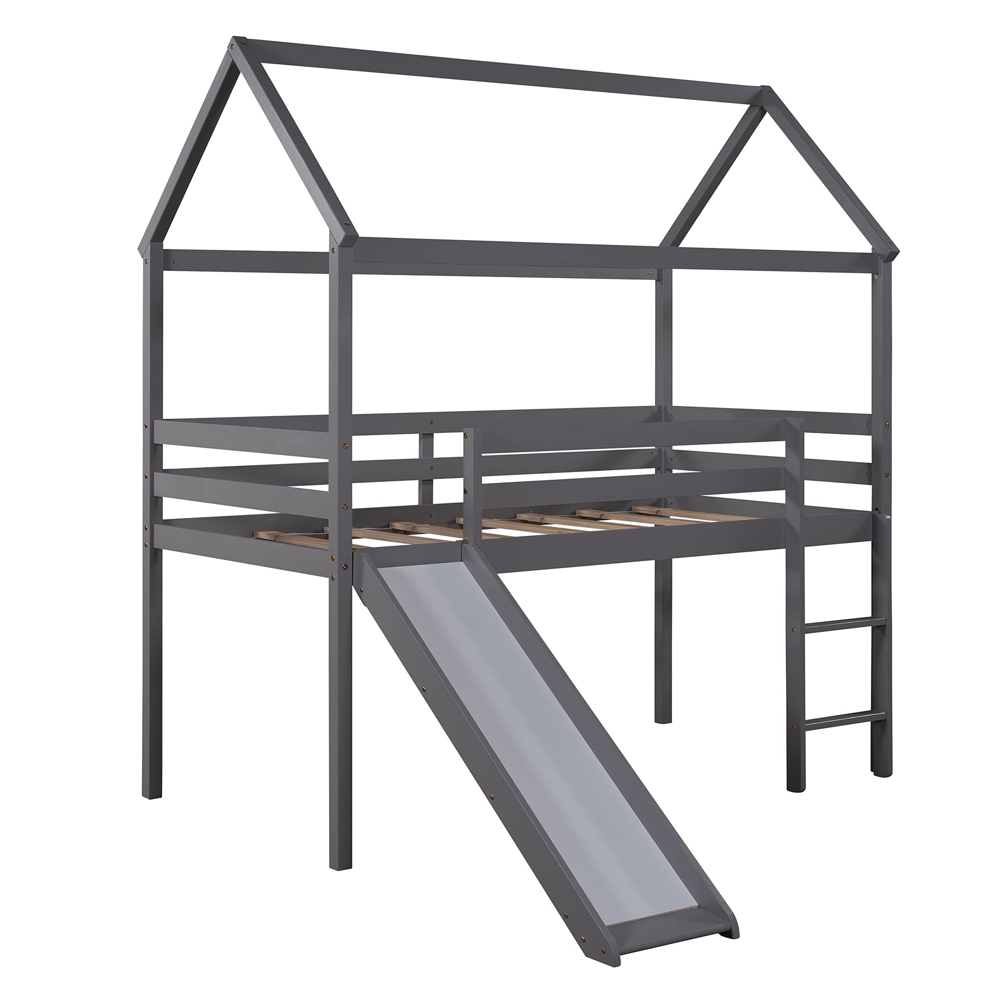 Solid Wood Kids Loft Bed with Slide - Twin Size Wooden House Bed Frame with Roof & Ladder - No Box Spring Needed - Gray - Perfect for Small Bedrooms & Playrooms