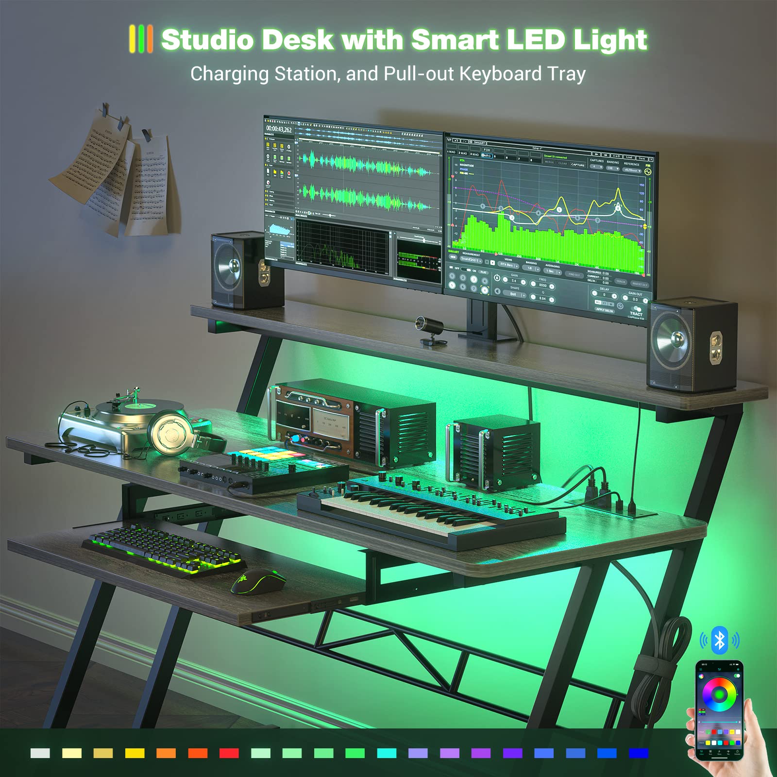Armocity Music Studio Desk with Power Outlets & RGB LED Lights - Professional Recording Desk for Music Producers, Home Studio Workstation with Cable Management (Grey Oak) - Perfect for Home Studios, Podcasting & Music Production