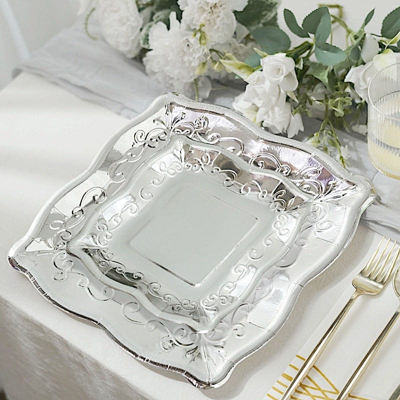 25 Pack Square Disposable Dessert Plates with Elegant Scroll Design - Perfect for Parties, Weddings, and Dinner Events