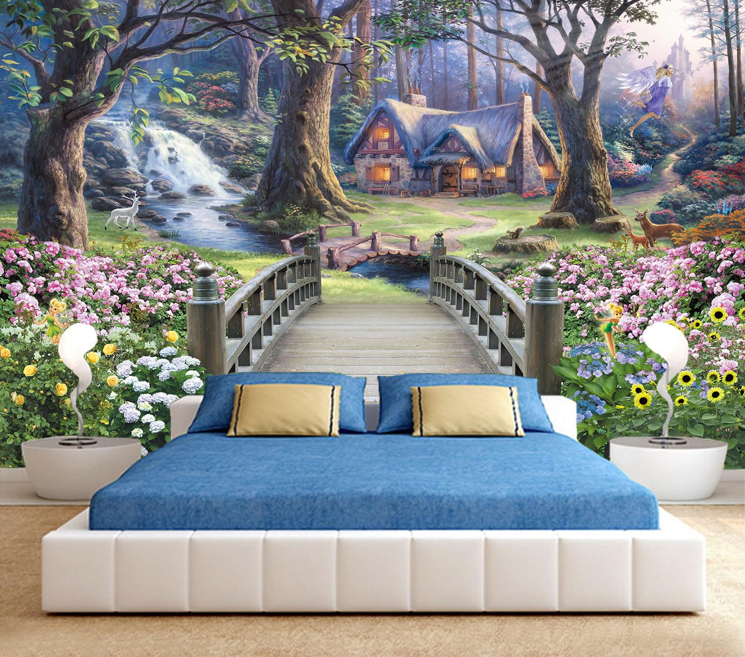 FLFK 3D Cottage Flower Garden Wall Mural - Self-Adhesive Fairy Tale Forest Wallpaper for Girls Bedroom & Living Room Decor - 118x78.7 Inches - Perfect for Nursery, Kids Room & Home Interior Design