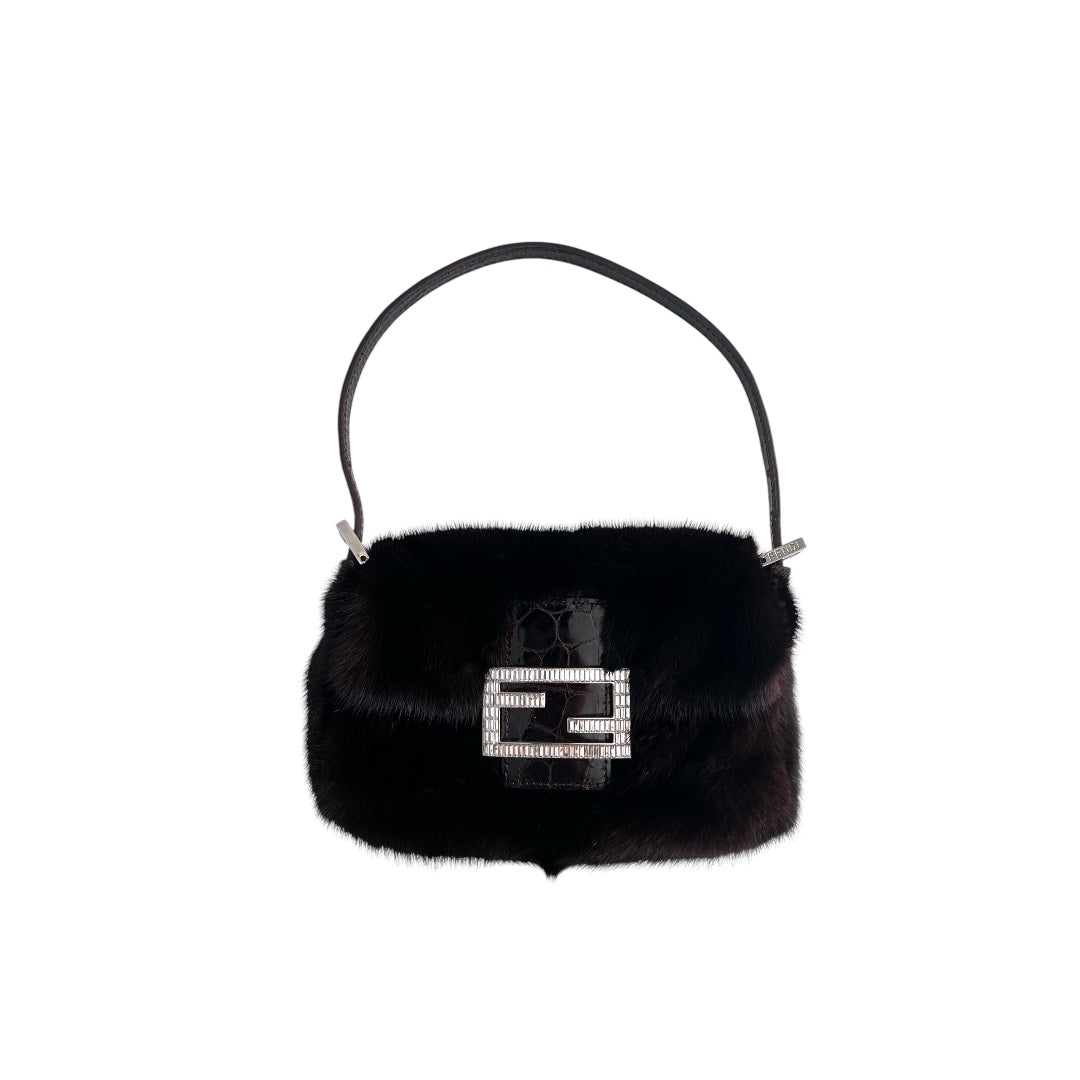 Vintage Fendi Brown Mink Fur Mini Baguette Bag - Luxury Designer Crossbody Purse for Women, Perfect for Evening Parties & Special Occasions