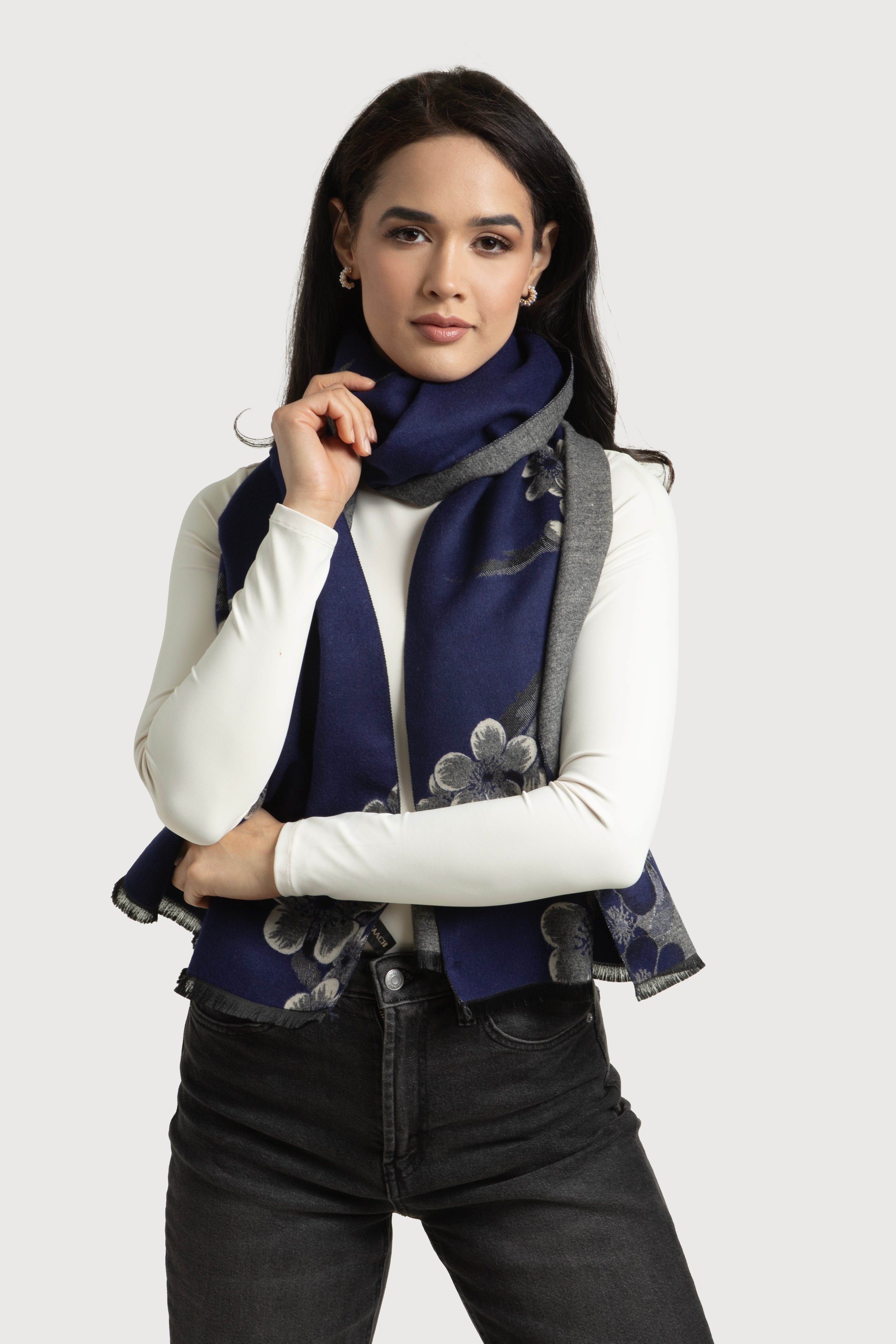 Two-Tone Floral Reversible Scarf - Soft Lightweight Womens Fashion Accessory for Spring & Fall Outfits, Travel and Office Wear