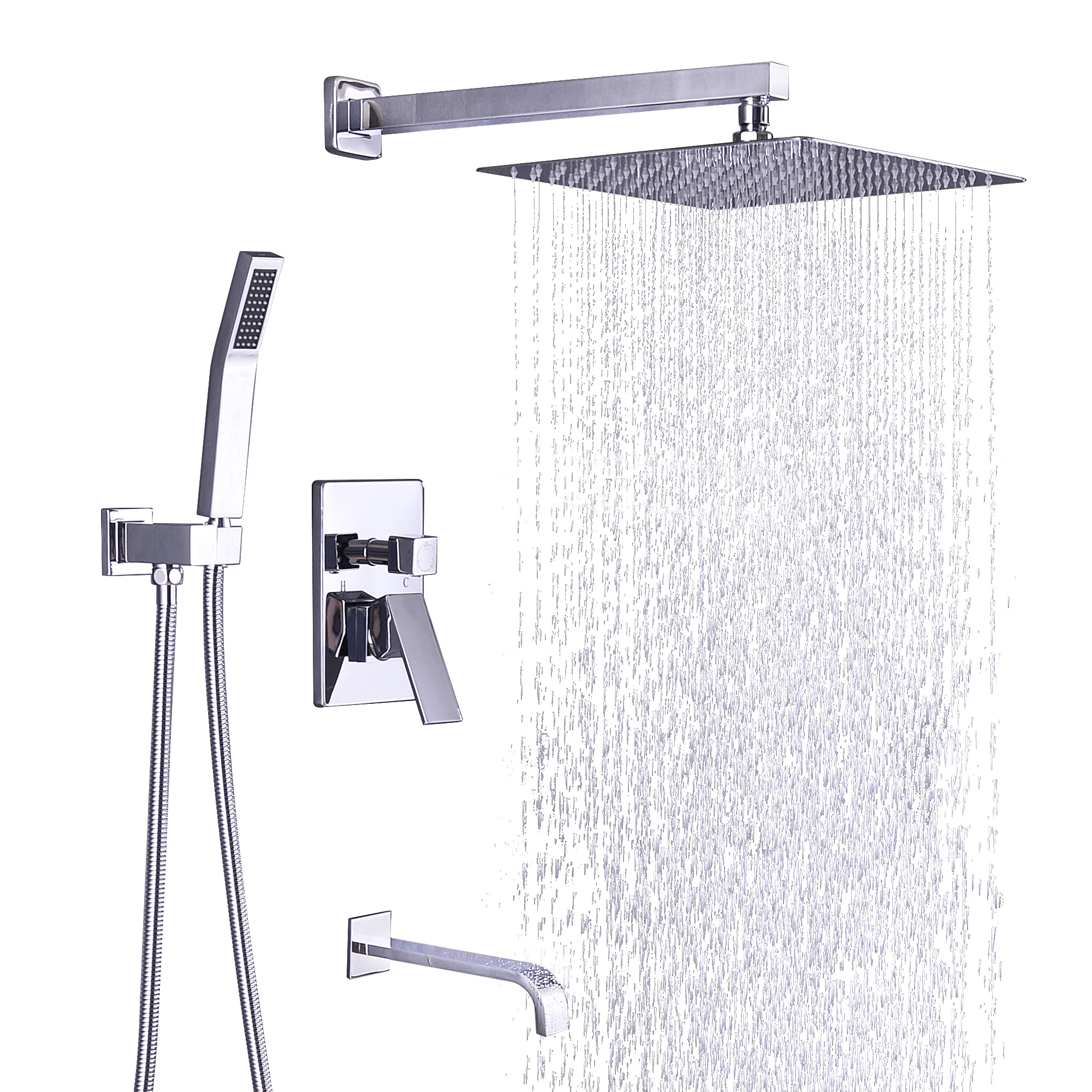12 Inch Chrome Rainfall Shower System - Wall Mounted Bathroom Faucet Set with Handheld Sprayer & 3-Function Tub Spout | Perfect for Modern Bathroom Renovation & Spa-Like Shower Experience