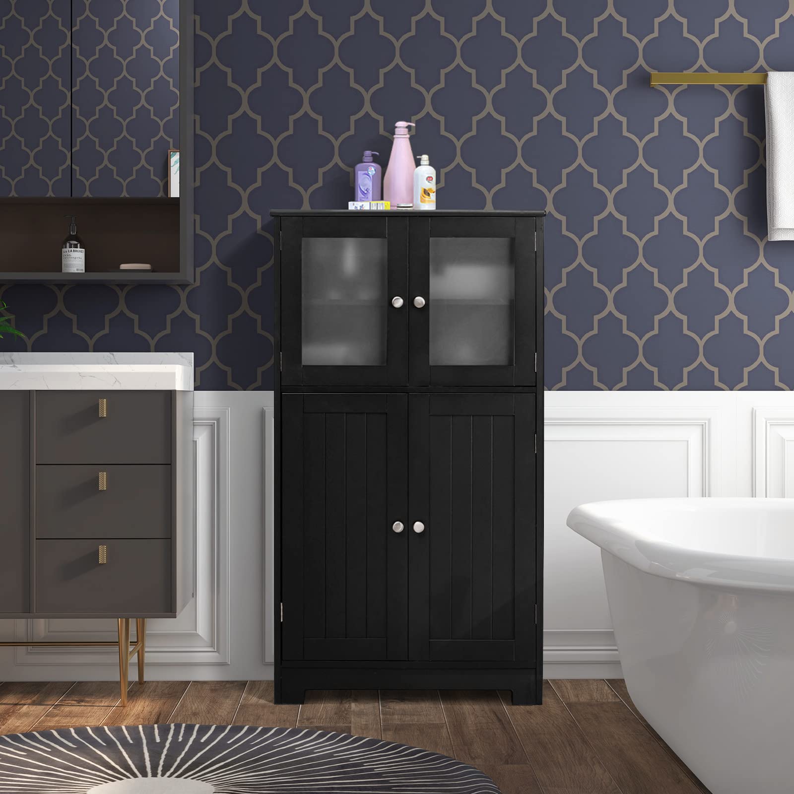 Tangkula Freestanding Bathroom Floor Cabinet with Glass Doors - Adjustable Shelf Wood Storage Cabinet for Bathroom, Kitchen, Hallway, Living Room & Office - Perfect for Organizing Towels, Toiletries & Home Decor (Black)