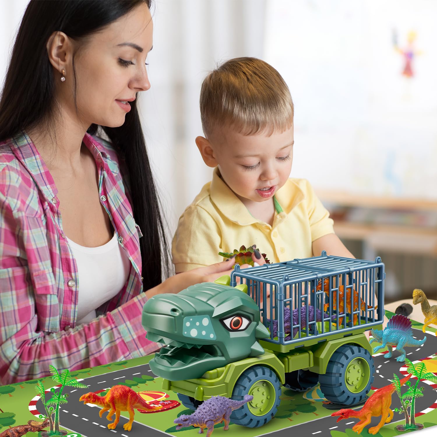 Dinosaur Truck Toy Set with 8 Tyrannosaurus Figures - Transport Carrier Vehicle for Kids Ages 3-10 | STEM Learning Toy for Boys & Girls | Birthday Gift Idea for Preschool & Elementary School Children | Perfect for Imaginative Play, Classroom Rewards & Dinosaur-Themed Parties