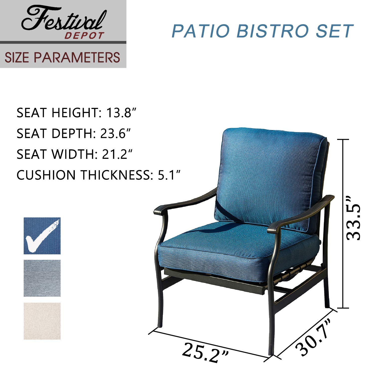 Festival Depot 2-Piece Patio Dining Set - Thick Cushioned Metal Frame Outdoor Chairs for Bistro, Deck & Garden - Weather-Resistant Blue Outdoor Furniture (Perfect for Backyard BBQs, Poolside Relaxation & Outdoor Dining)