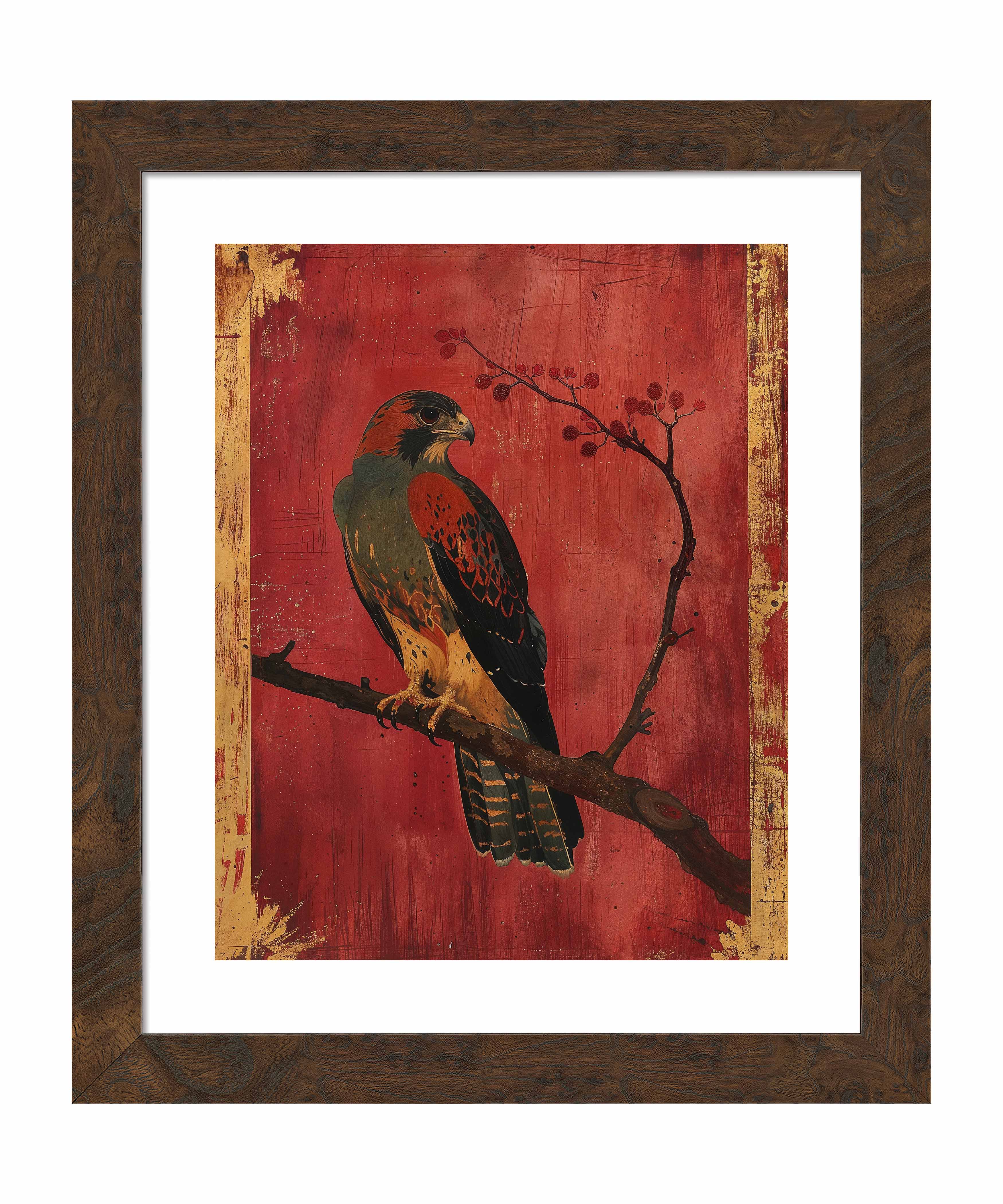 Crimson Majesty Falcon of the Silk Road Art Prints - Elegant Wall Decor for Living Room, Bedroom & Office | Historical Silk Road Inspired Artwork