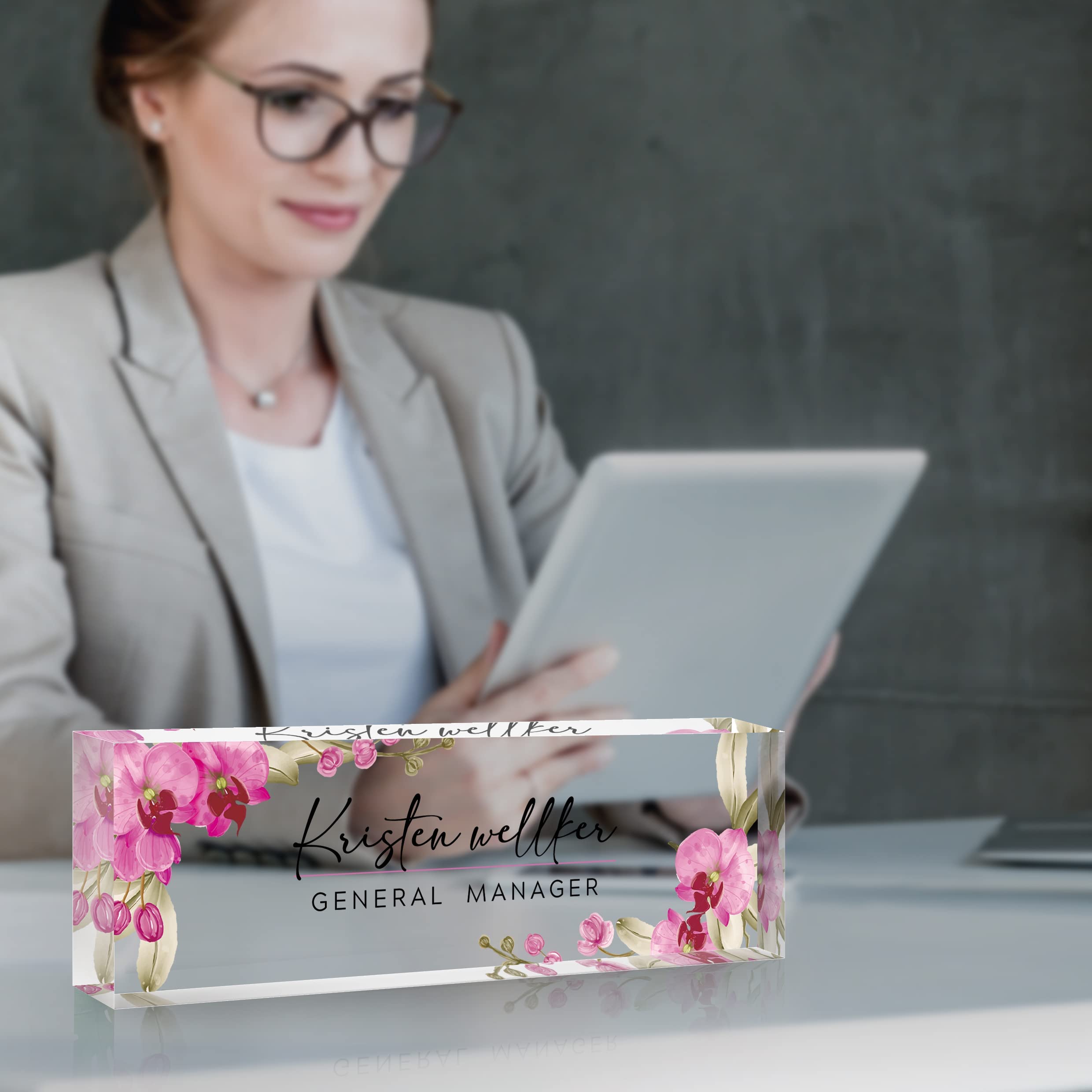 Personalized Acrylic Desk Name Plate with Butterfly Orchid Design - Custom Office Name Sign for Coworkers, Boss, Employee & Teacher - Elegant Desk Decor for Women & Men | Perfect for Office, Home Workspace & Gift Giving