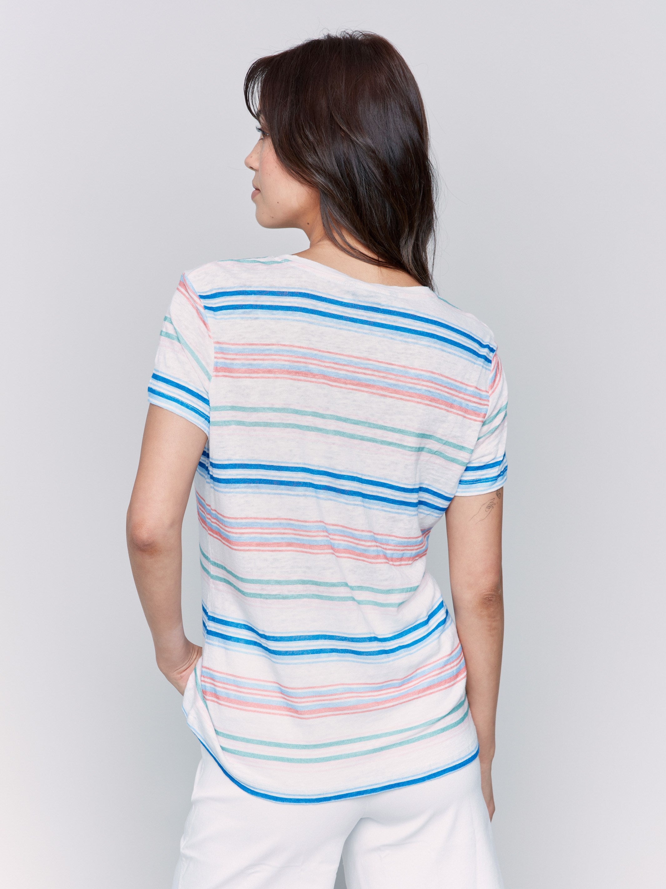 Breathable Striped Linen Blend V-Neck T-Shirt for Women - Comfortable Summer Casual Top - Perfect for Beach Outings, Weekend Brunch & Everyday Wear | Lilypad