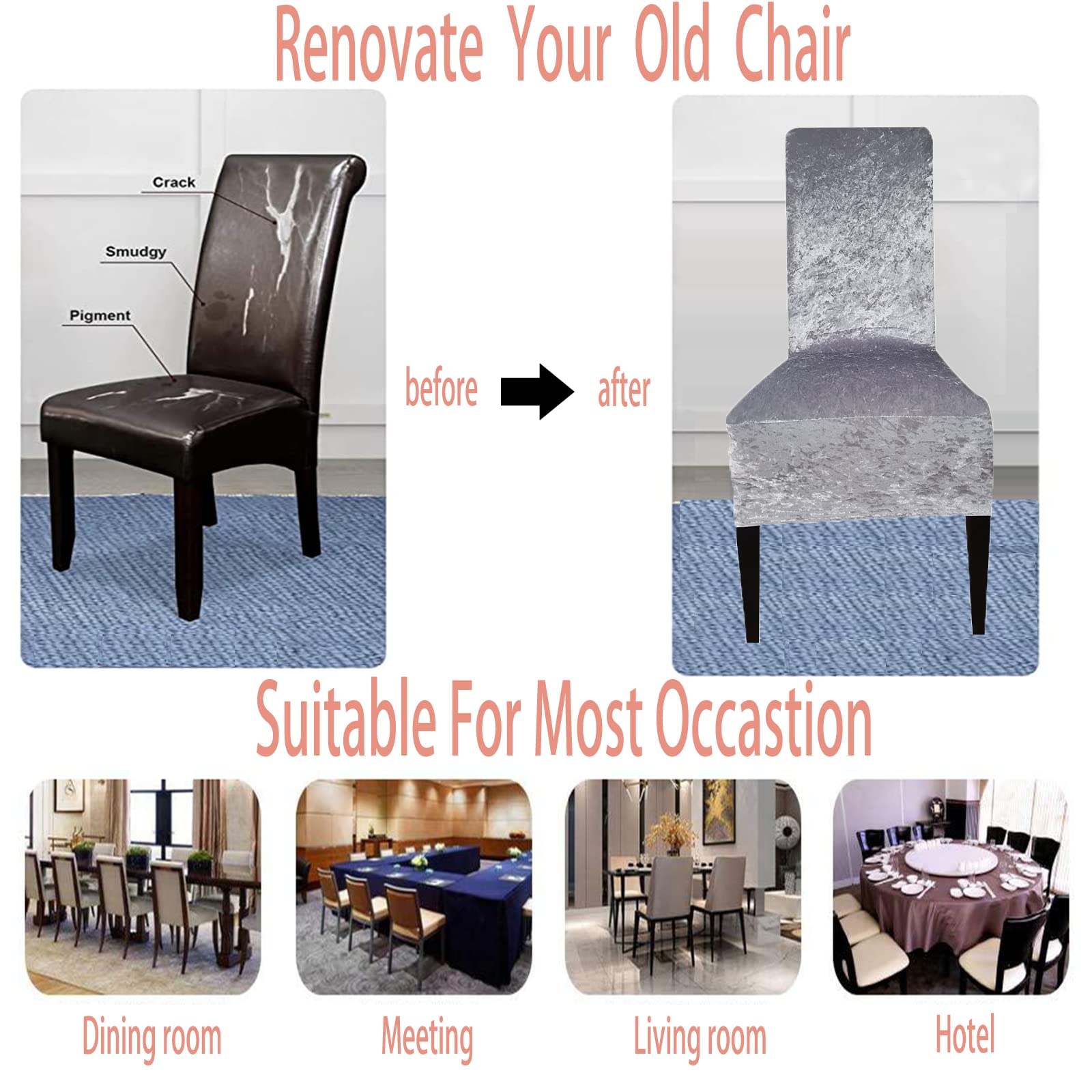 Crushed Velvet XL Dining Chair Covers - Stretch Elastic Slipcovers for Chairs - Protective Seat Covers for Dining Room, Wedding, Banquet & Party Decor (Silver, Set of 6) | Perfect for Home, Restaurant & Event Decorations