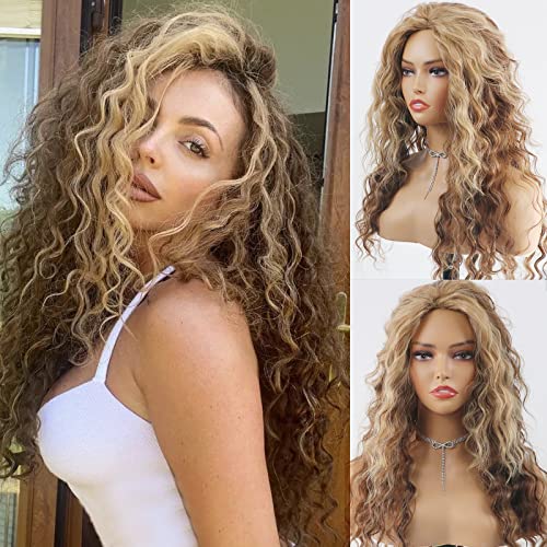 Curly Blonde Brown Reverse Ombre Wig - Long Synthetic Hairpiece for Cosplay, Halloween & Daily Fashion