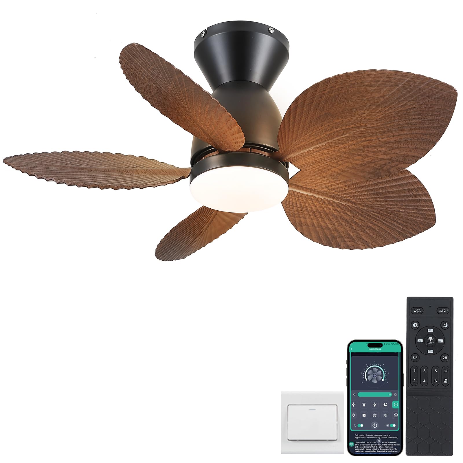 30 Inch Low Profile Ceiling Fan with Lights - Remote & APP Control Flush Mount Tropical Palm Leaf Design - Small Outdoor Ceiling Fan for Patio, Porch, Bedroom & Living Room - Energy Efficient & Quiet - Brown
