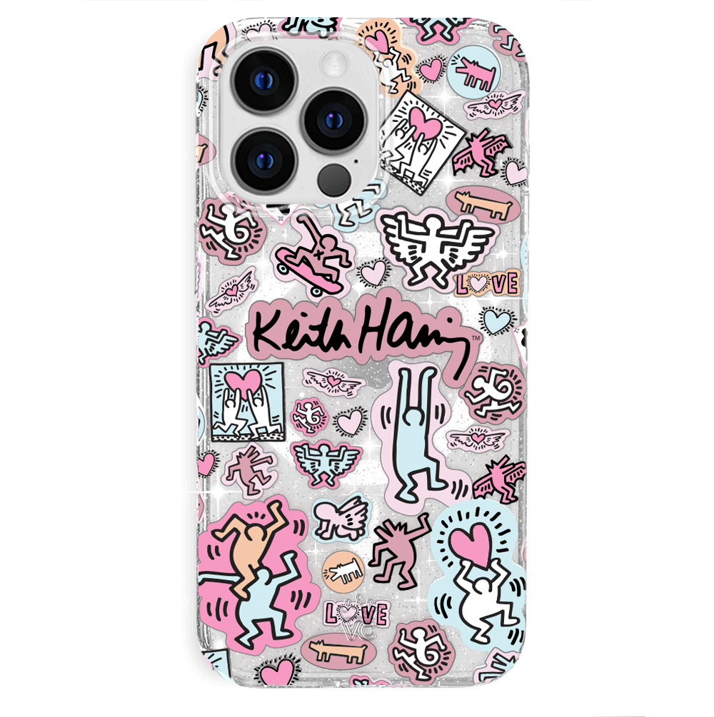 Keith Haring Pastel Glitter iPhone Case - Trendy Protective Cover for iPhone 11/12/13/14/15 Pro Max - Cute Artistic Design for Everyday Use & Gift Giving