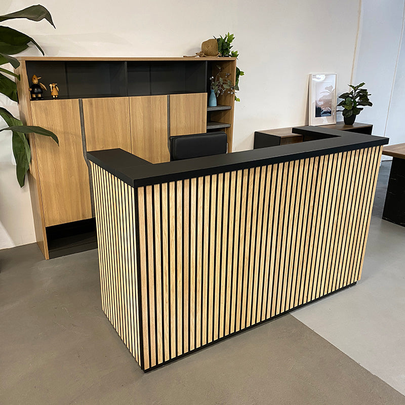 KENTO 180cm Reception Desk with Timber Slat Acoustic Panel in Black & Oak - Perfect for Office Lobby, Hotel Front Desk, and Corporate Waiting Areas
