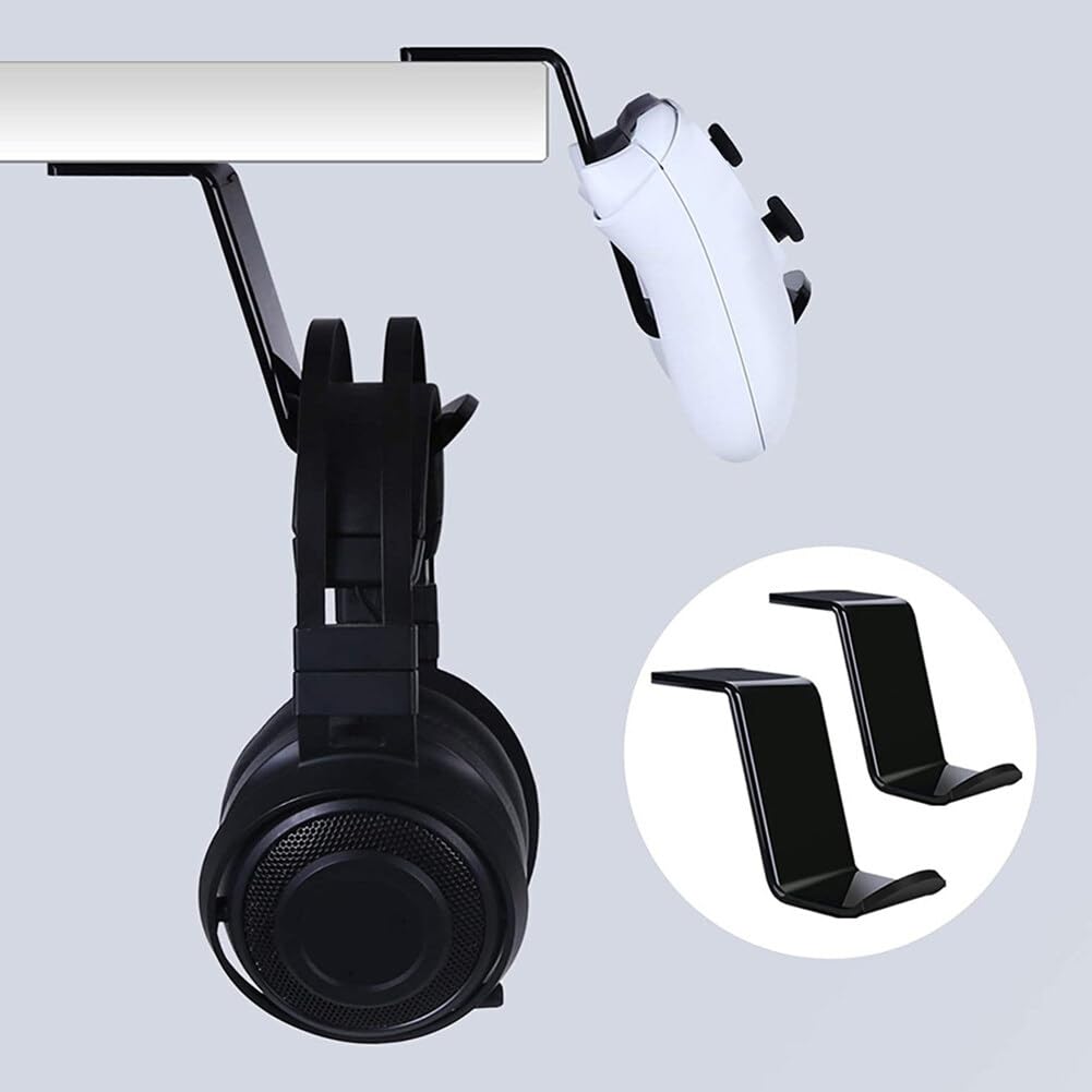 MoreChioce 2-Pack Universal Under Desk Controller Mount with Headphone Stand - Black | Wall Mountable Game Controller Holder & Display Stand for PS5, Xbox, Switch | Perfect Gaming Setup Accessory for Bedroom, Living Room, Office