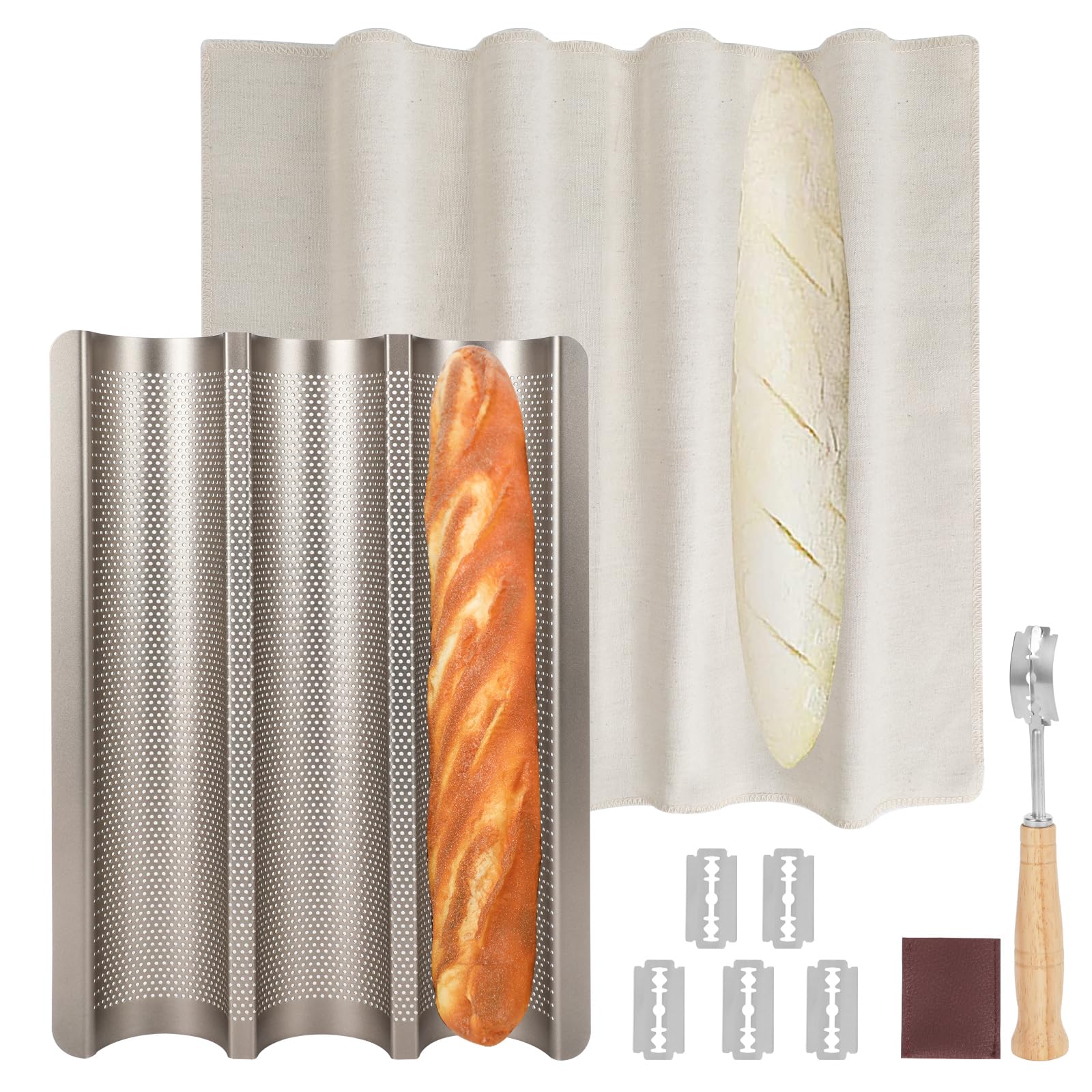 Nonstick Perforated Baguette Bread Pan - 3 Loaf French Bread Baking Tray with Proofing Cloth & Dough Cutter Kit - 15x11 Inch Gold for Home Bakers | Perfect for Artisan Bread, Homemade French Baguettes & Professional Baking
