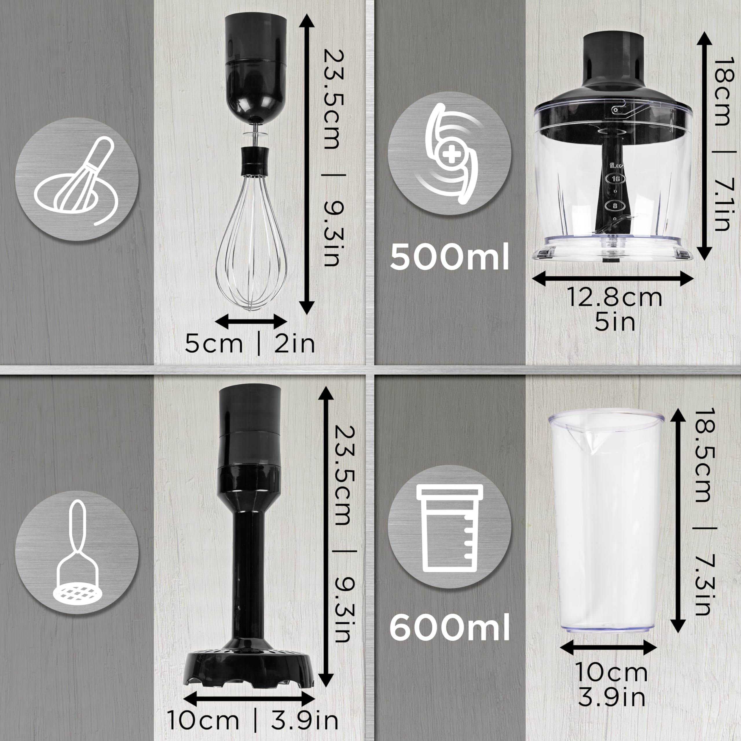 Duronic HBA35 Hand Blender Accessories Set - Compatible with HB35B Hand Blender, Includes Whisk, Masher, Dual Blade Chopper & 600ml Mixing Jug - Perfect for Smoothies, Soups, Baby Food & Baking