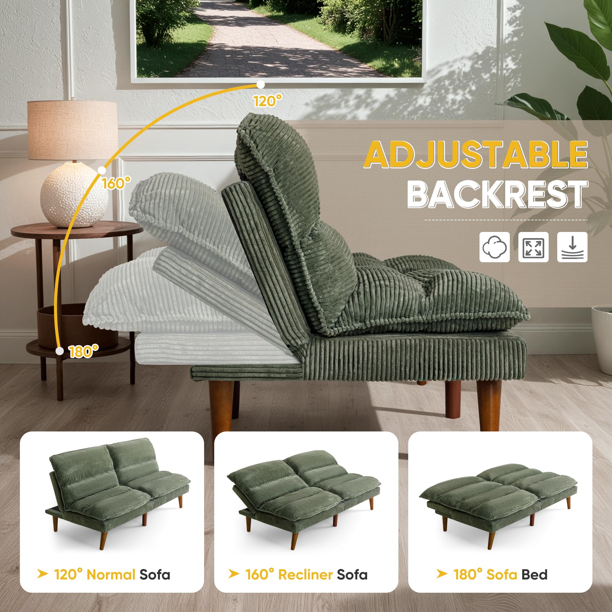 Flamaker Convertible Futon Sofa Bed - Adjustable Back Upholstered Sleeper Couch for Living Room, Guest Room & Small Spaces (Corduroy Fabric, Green) - Perfect for Apartments, Dorms & Home Offices