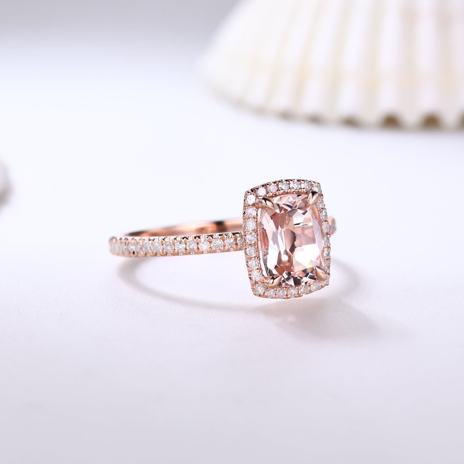 5x7mm Morganite & Diamond Halo Engagement Ring - Petite Thin Band for Women, Wedding Proposal, Anniversary Gift, Bridal Jewelry