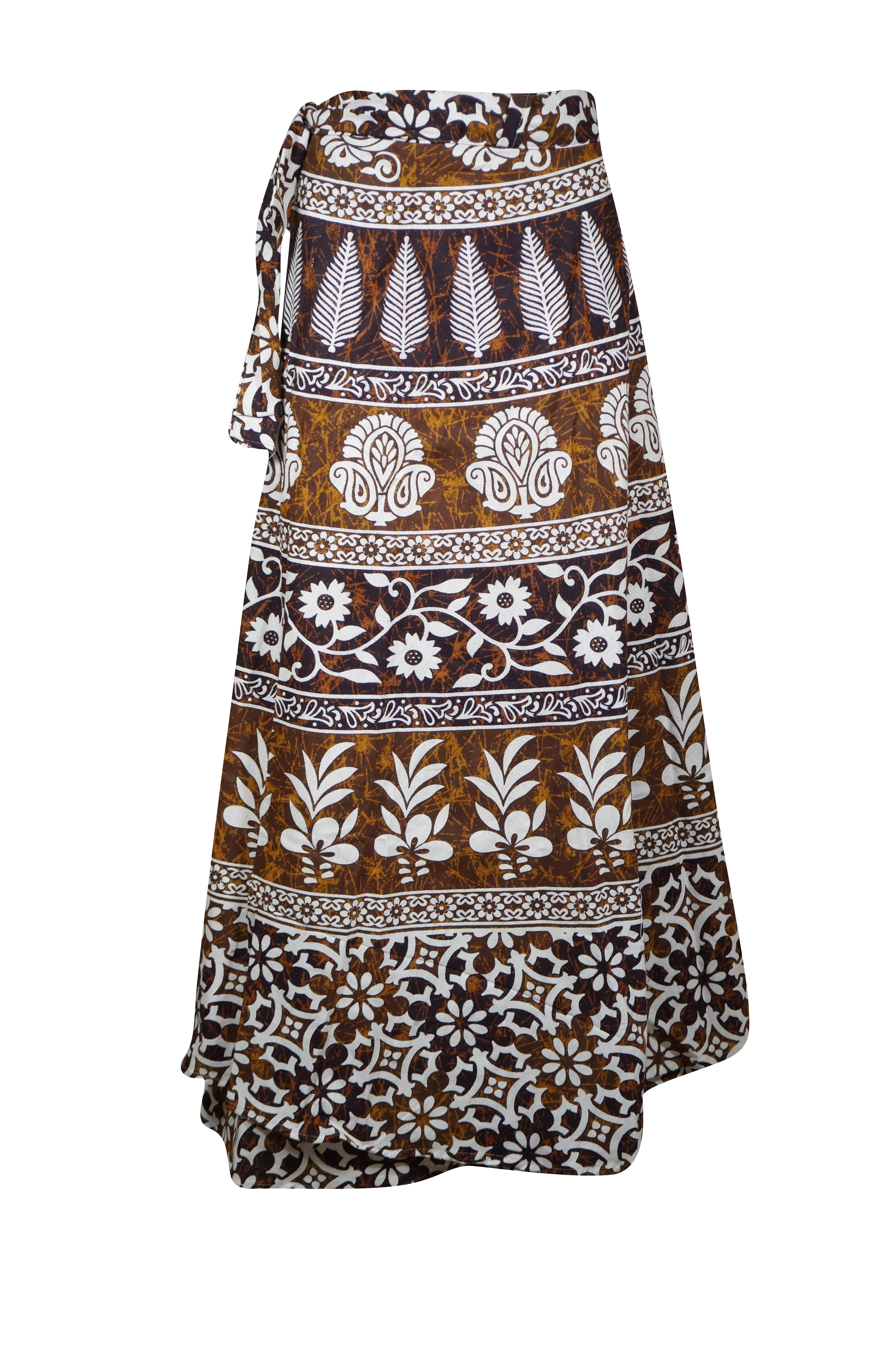 Printed Indian Wrap Skirts for Women - Floral Boho Wrap Around Skirt in Brown, One Size Fits Most - Perfect for Travel, Beach, and Summer Outfits