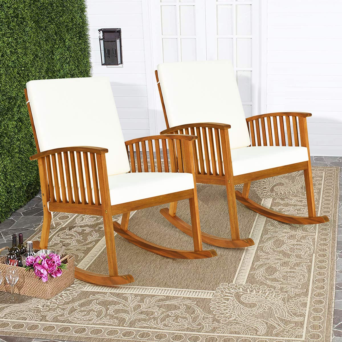 Tangkula 2-Piece Acacia Wood Rocking Chair Set with Removable Washable Cushions - Teak Wood Rocker for Outdoor & Indoor Use - Perfect for Porch, Garden, Patio, Balcony, Poolside Relaxation