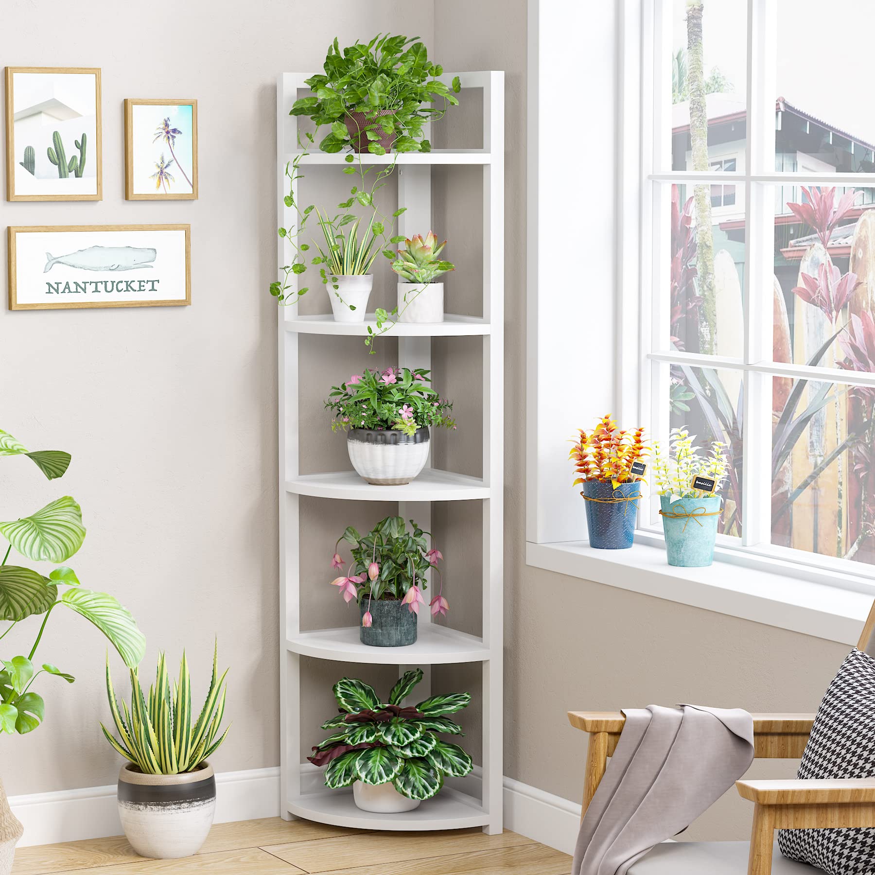 Tribesigns 5-Tier Corner Shelf - Modern Space-Saving Bookcase, Storage Rack & Plant Stand for Living Room, Home Office, Kitchen | White Wooden Shelving Unit for Small Spaces & Apartment Decor