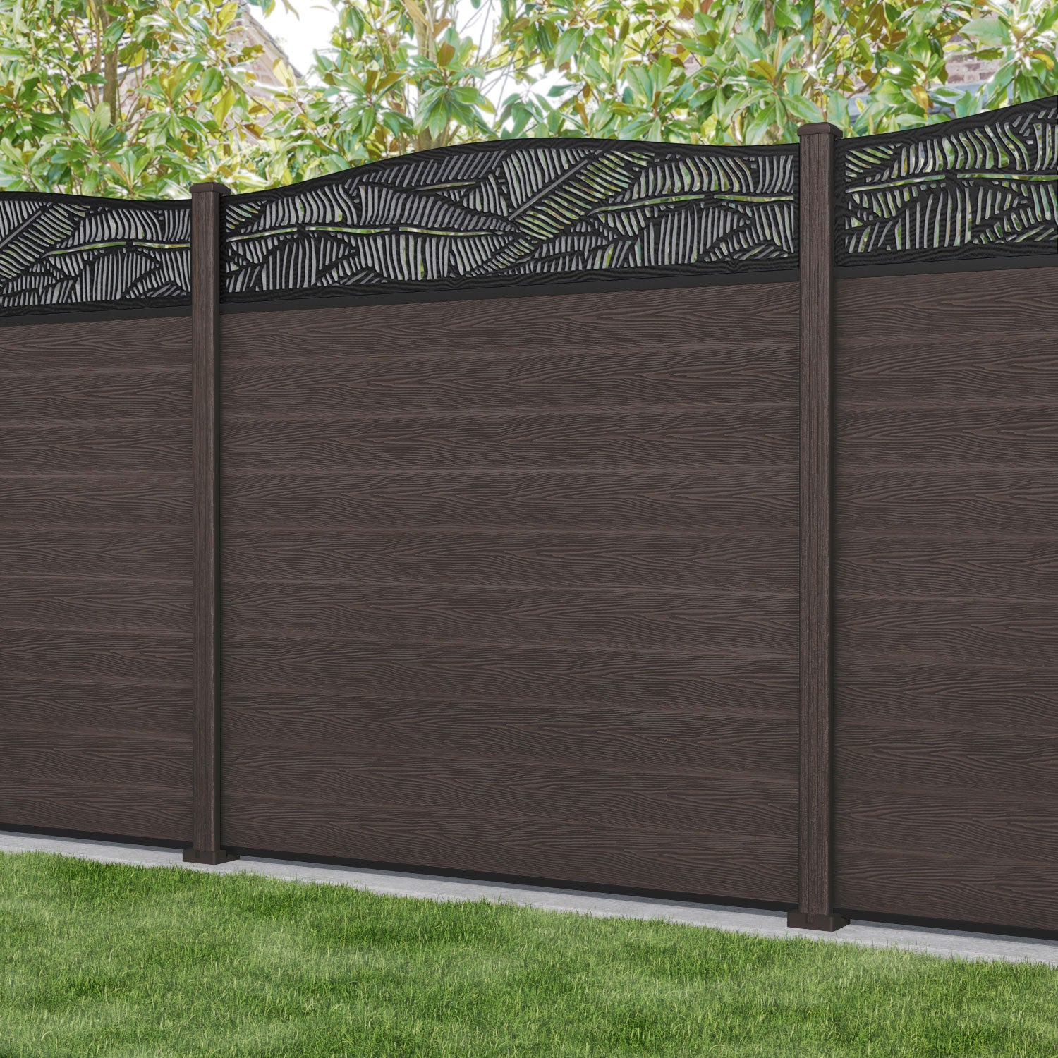 Classic Feather Curved Top Fence Panel - Mid Brown Composite Fencing with Durable Posts | Perfect for Garden, Backyard, and Privacy Landscaping