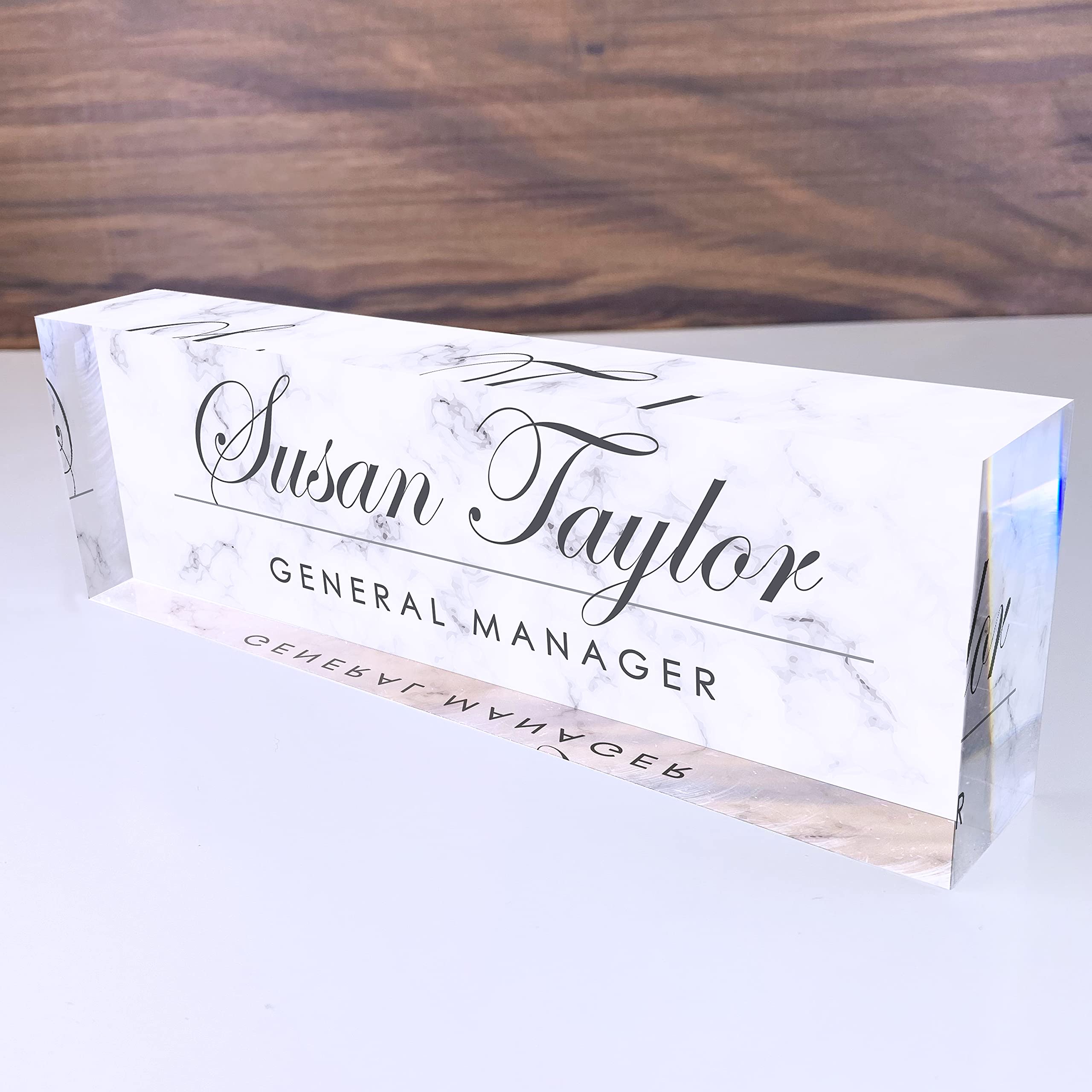 Personalized Acrylic Glass Office Desk Name Plate - Custom Engraved Nameplate for Professional Workspace Decor - White Marble Design (8
