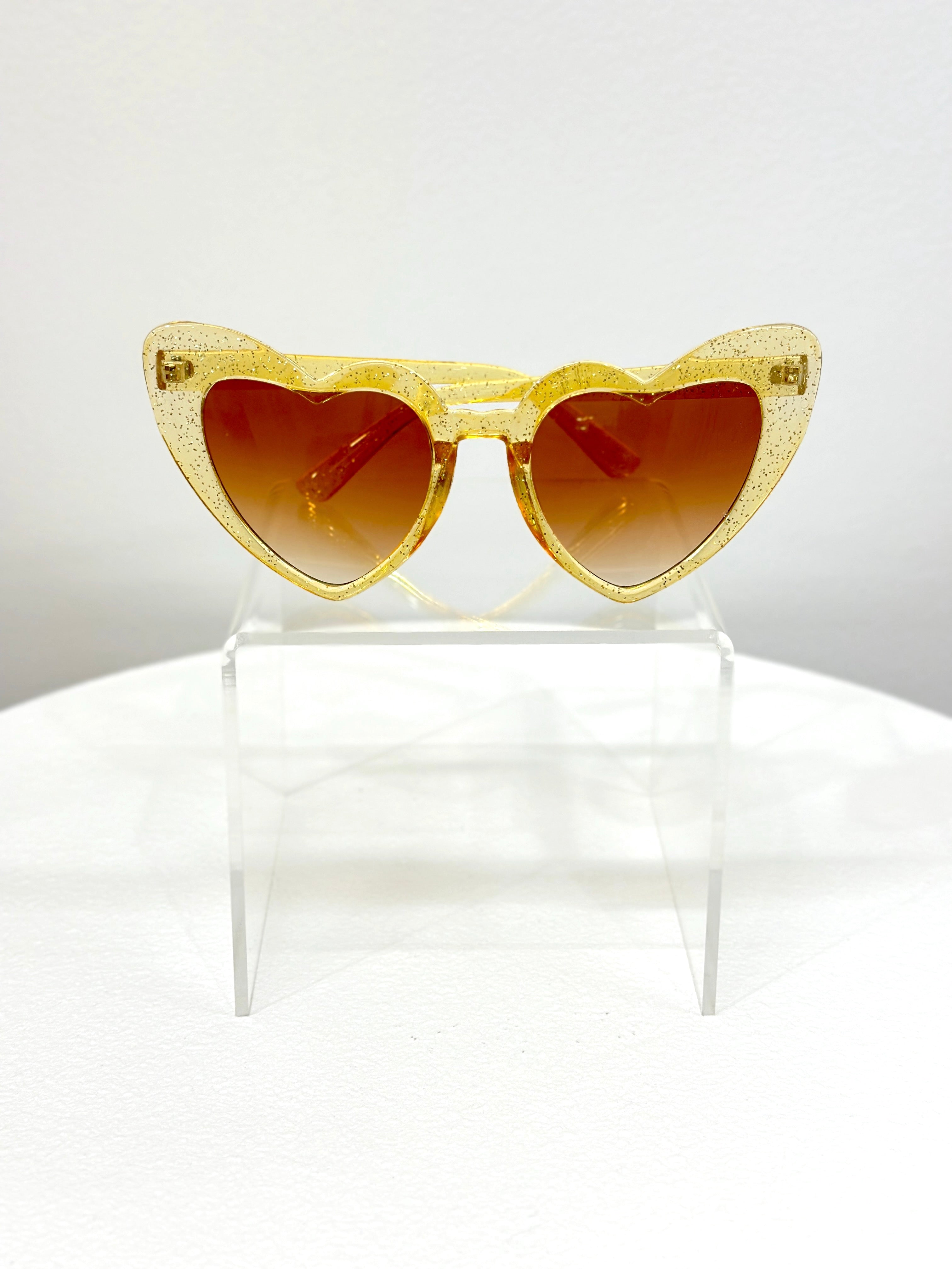 Yellow Glitter Heart Sunglasses for Women - Trendy UV Protection Cat Eye Shades - Perfect for Summer, Beach, Parties & Festivals