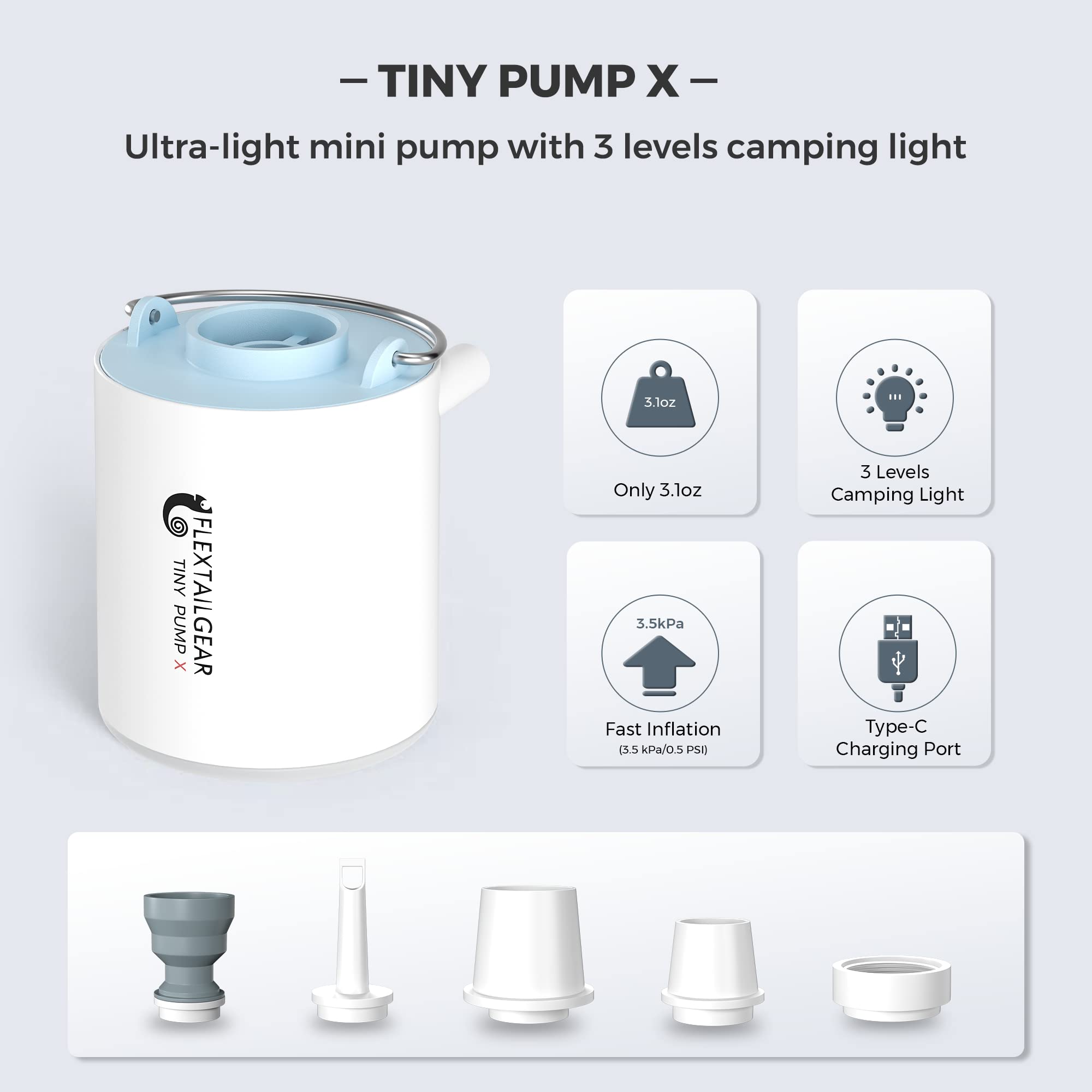 FLEXTAILGEAR Tiny Pump X - Portable Air Pump & Camping Light with 1300mAh Battery | USB Rechargeable for Inflating Sleeping Pads, Pool Floats, Air Beds, Mattresses | Perfect for Camping, Travel, Beach & Pool Parties (Blue)