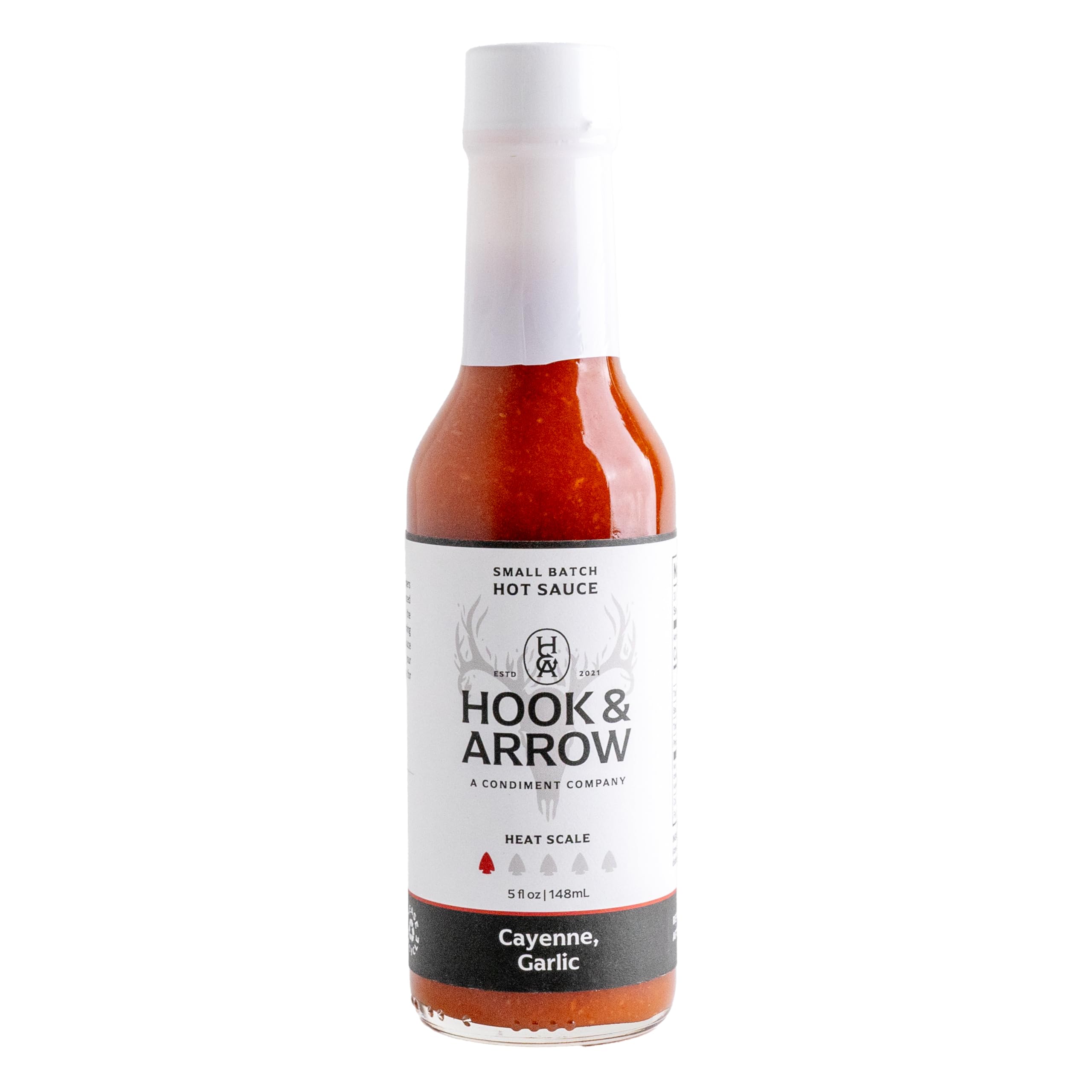 Hook & Arrow Cayenne Garlic Hot Sauce - Mild Spice, Award-Winning, Gluten-Free, Paleo, Vegan, Low Sugar, Low Carb (5 fl oz) - Perfect for Wings, Tacos, Pizza & Healthy Cooking