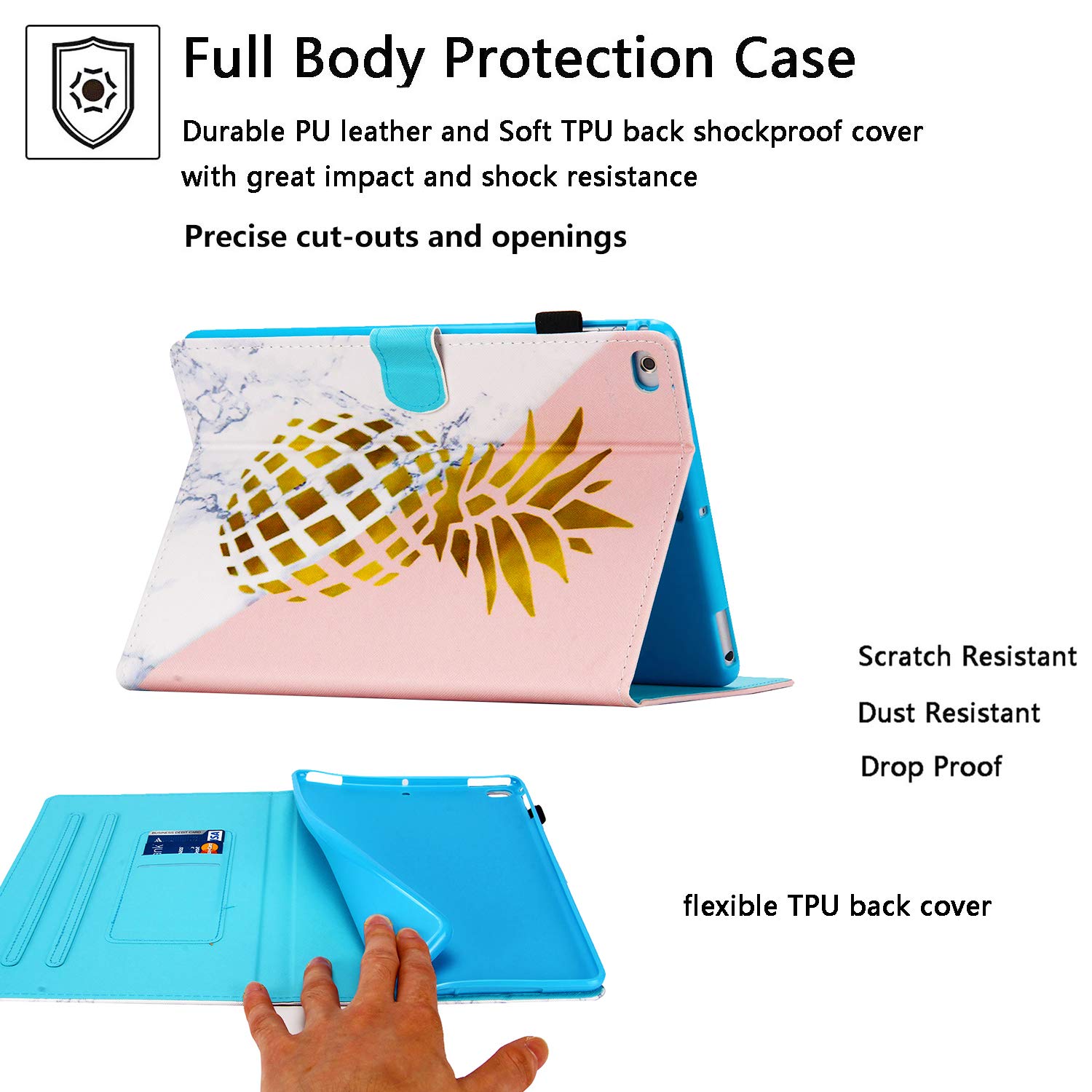 Premium Magnetic PU Leather Smart Case for Apple iPad 9.7 (6th/5th Gen 2018/2017) & iPad Air/Air 2 - Folio Stand Cover with Auto Sleep/Wake, Card Slots & Pencil Holder - Golden Pineapple Marble Design | Perfect for Work, Travel & Home Office Use
