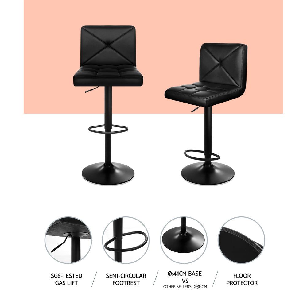 4 Bar Stools with Gas Lift Mechanism - Black Leather Swivel Bar Chairs for Kitchen Island, Breakfast Nook & Home Bar Seating