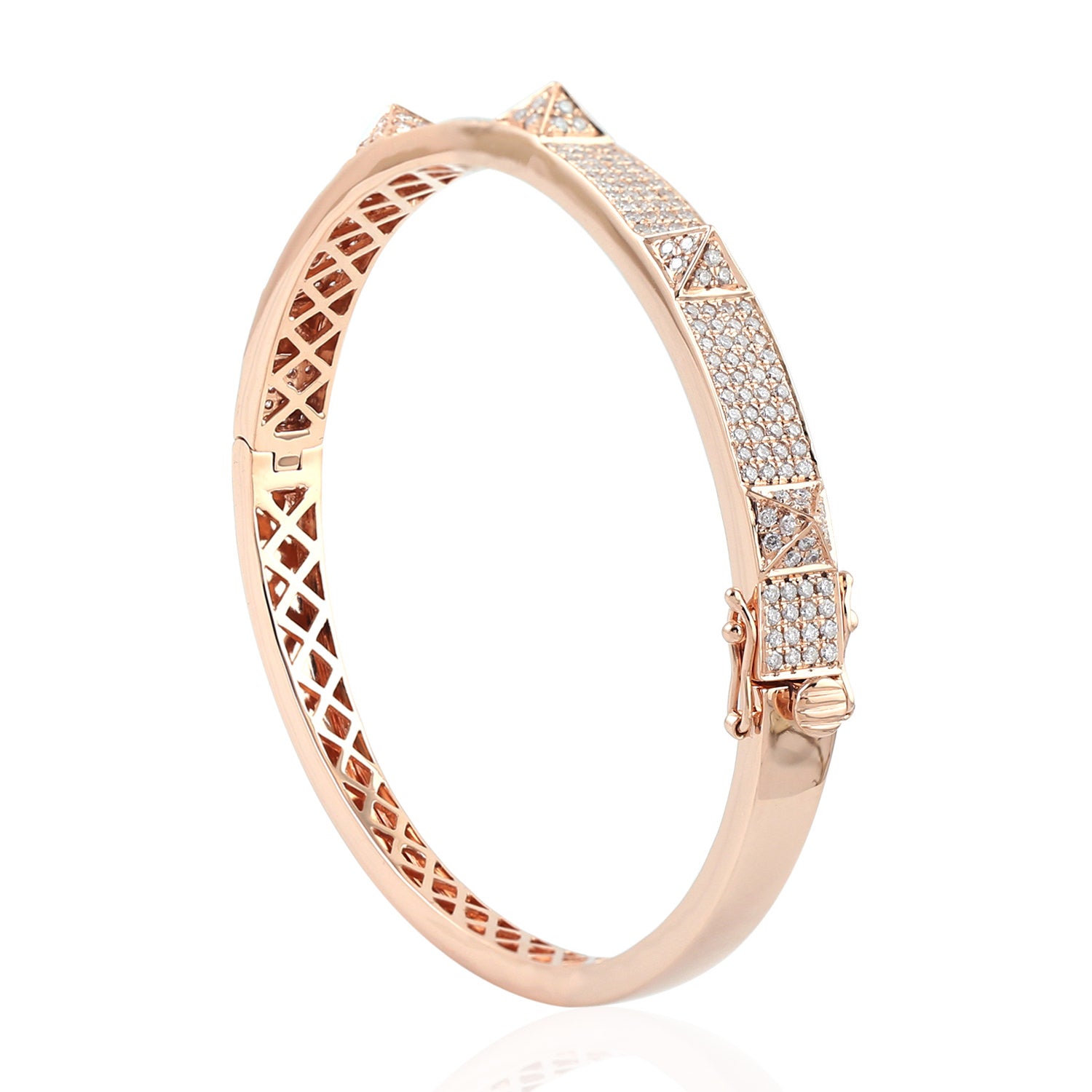 14K Rose Gold Micro Pave Diamond Handmade Pyramid Wedding Bangle - Elegant Stackable Bracelet for Bridal, Anniversary & Special Occasions