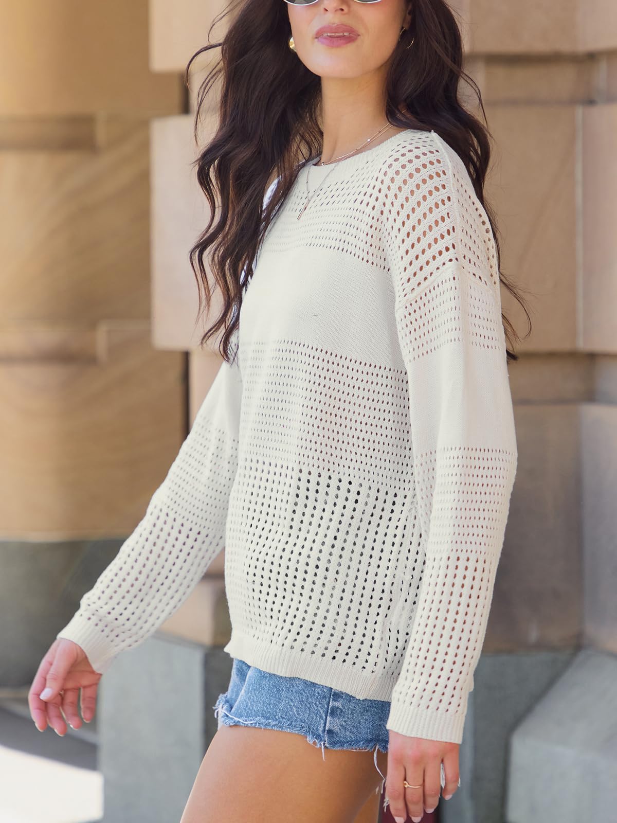 CUPSHE Women's Lightweight Crochet Pullover Sweater - Long Sleeve Round Neck Knit Top for Fall & Winter | Casual Outfit, Office Wear, Coffee Date Outfits