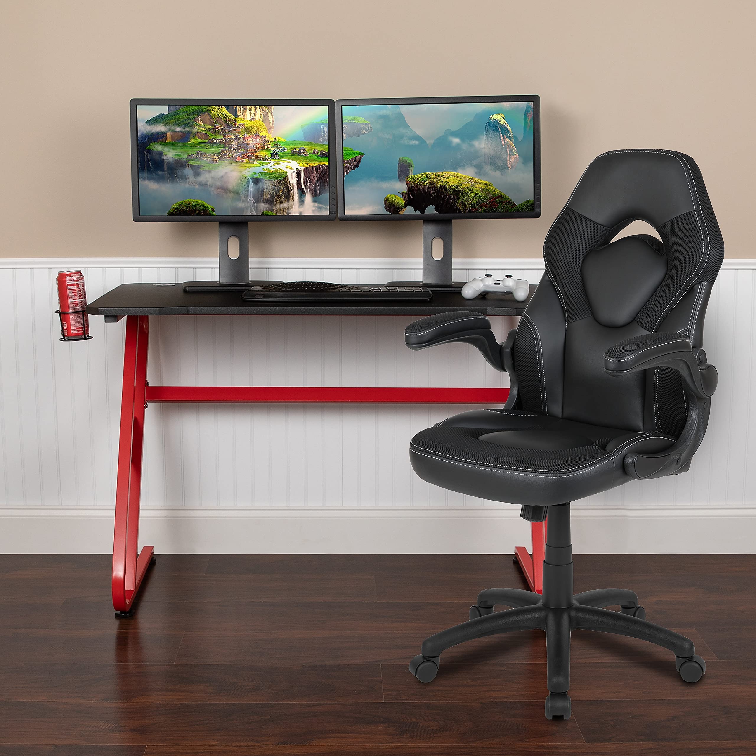 Flash Furniture Red Gaming Desk & Black Racing Chair Set with Cup Holder & Headphone Hook - Ergonomic Gaming Setup for PC, Console & Streaming