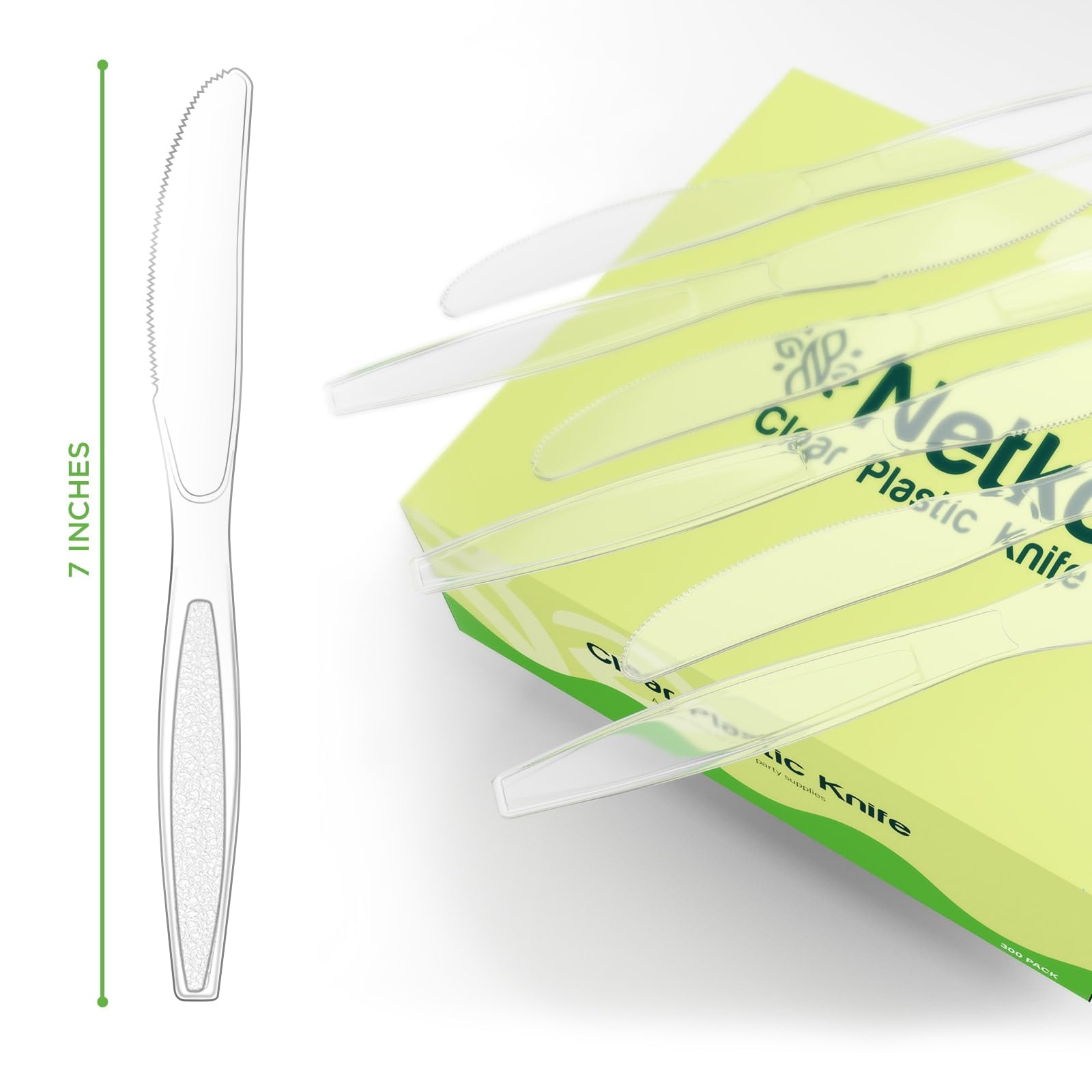 Netko Heavy Duty Plastic Knives - 300 Pack Disposable Clear Plastic Cutlery with Engraved Design for Parties, Picnics & Catering Events | BPA-Free Durable Plastic Knives